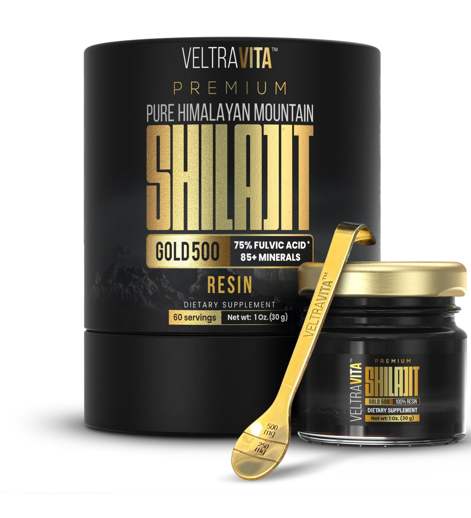VELTRAVITA 100% Pure Himalayan Shilajit Resin Gold 500 Organic | High Potency 75%+ Fulvic Acid Humic Acid & 85+ Trace Minerals | Natural Energy & Immune Support for Men & Women | Lab Tested - Buy Online on GoSupps.com