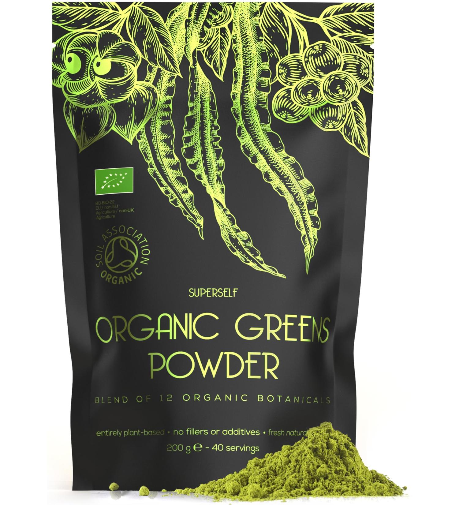 SuperSelf Organic Super Greens Powder - No Additives - 12 Supergreens - Daily Superfood Green Powder with Matcha Spirulina Wheatgrass Chlorella Acai - 40 Servings - High in Vitamins Protein Fibre 200 g (Pack of 1) - Buy Online on GoSupps.com