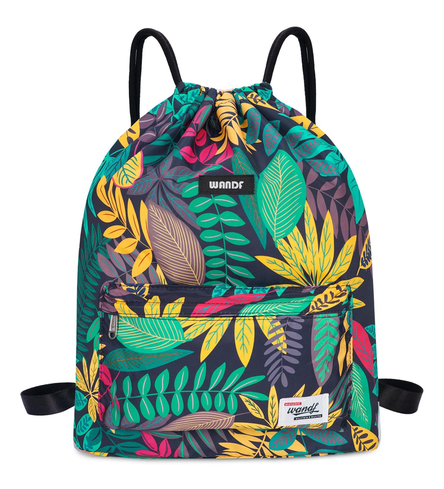 WANDF Drawstring Backpack - Water Resistant Nylon Sackpack for Gym, Shopping, Sport - Leaf Blue - Buy Online on GoSupps.com