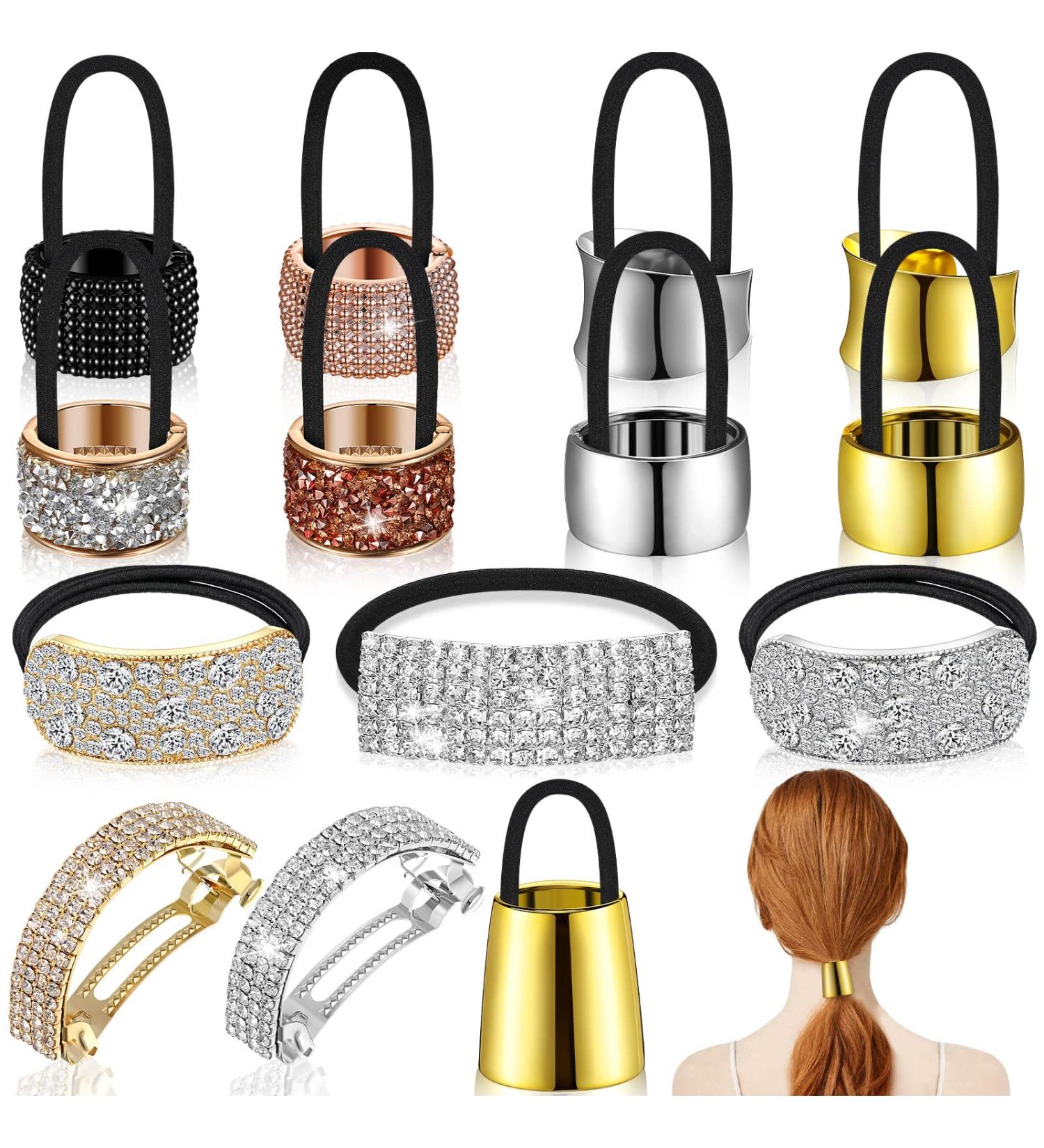 14-Piece Rhinestone Hair Cuff Elastic Scrunchies Set with Hair Clip - Elegant Hair Accessories for Women & Girls - Buy Online on GoSupps.com