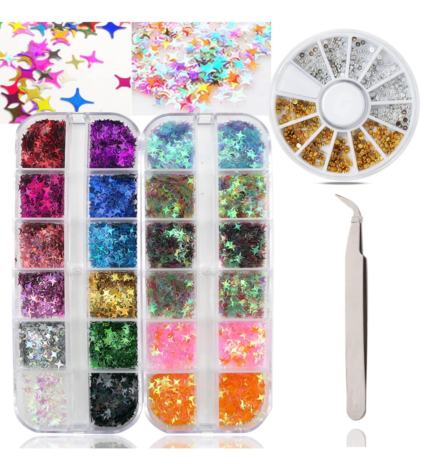 Holographic Cross Star Nail Art Glitter - Iridescent Resin Crafts for Women | DIY Manicure Decoration with Tweezers | Nails Rhinestone Accessories for Face, Body, and Eye - Four-Pointed Star - Buy Online on GoSupps.com