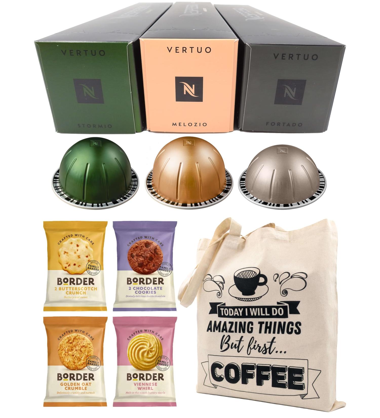 Nespresso Vertuo Coffee Capsules - Stormio Fortado Melozio - 3 Boxes (30 Pods) Bundled with Border Biscuits & Giftable Tote Bag - Buy Online on GoSupps.com
