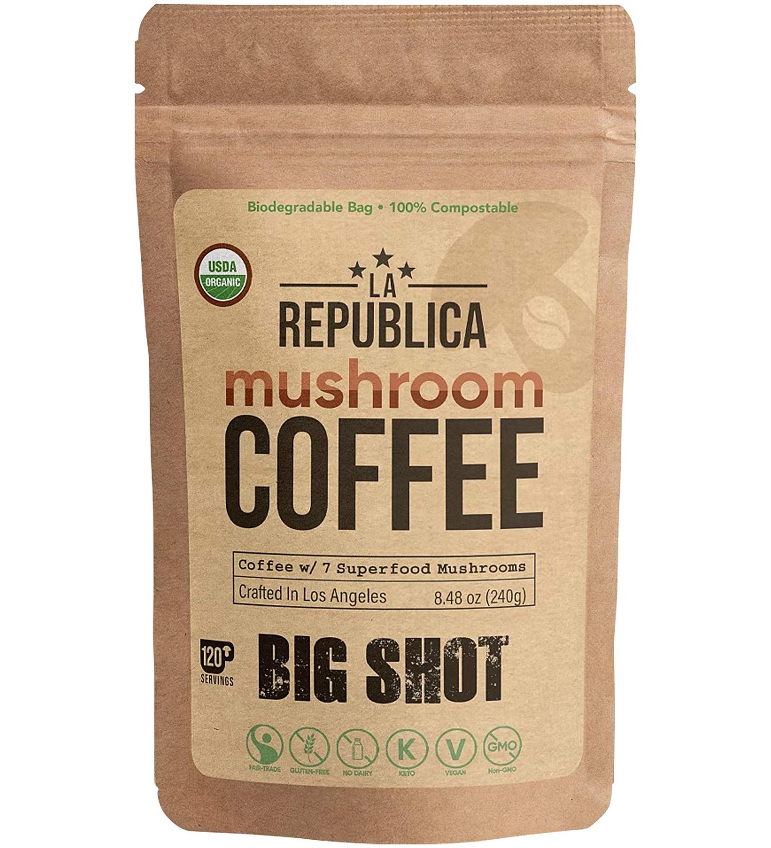 La Republica Big Shot Organic Mushroom Coffee - 120 Servings | 7 Superfood Mushrooms | Lion's Mane, Reishi, Chaga, Cordyceps, and More | Caffeinated Instant Mushroom Powder - 8.48 Ounce Pack - Buy Online on GoSupps.com