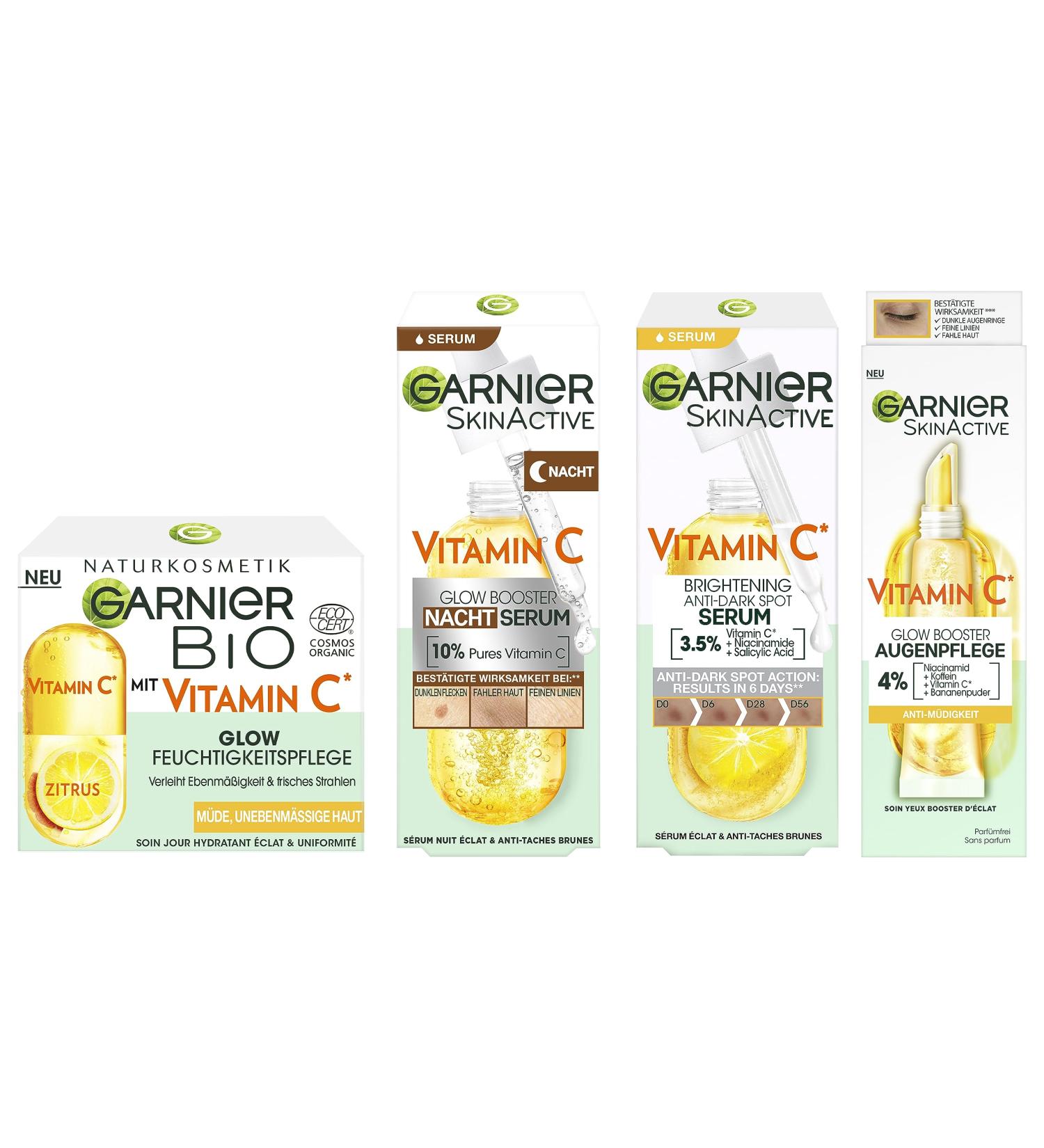 Garnier Vitamin C Glow Booster Set - Brightening Serum Eye Care Night Serum & Day Cream for Radiant Skin | Anti-Dark Spot Treatment - Buy Online on GoSupps.com