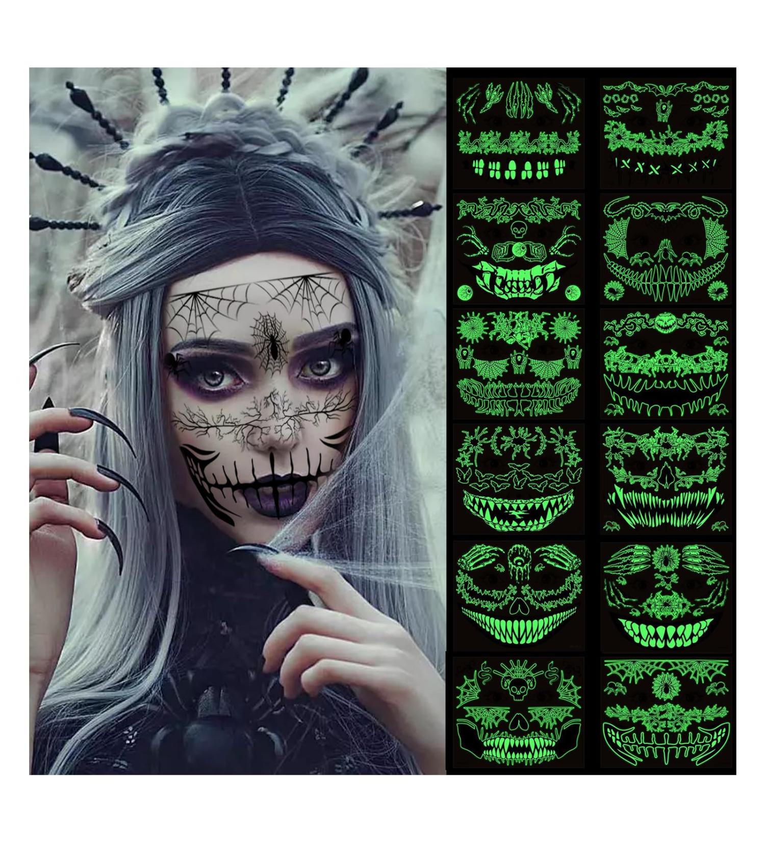 YIYIW Halloween Face Tattoos 12 Sheets Luminious Halloween Tattoos for Adults Kids Glow in The Dark WaterproofTemporary Tattoos for Horror Makeup Halloween Decor Party Supplies (12P-YG) - Buy Online on GoSupps.com