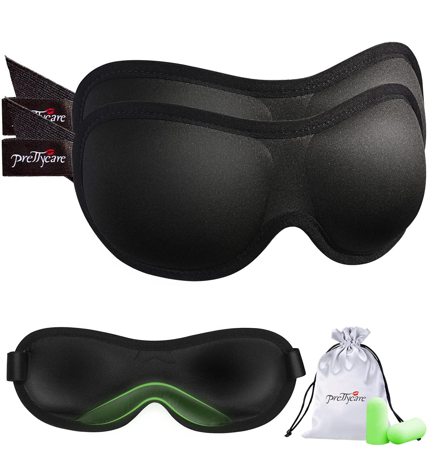 PrettyCare 3D Sleep Mask 2 Pack - Contoured Blackout Eye Mask for Sleeping, Blindfold for Airplane with Ear Plugs and Travel Bag - Black&Black - Buy Online on GoSupps.com