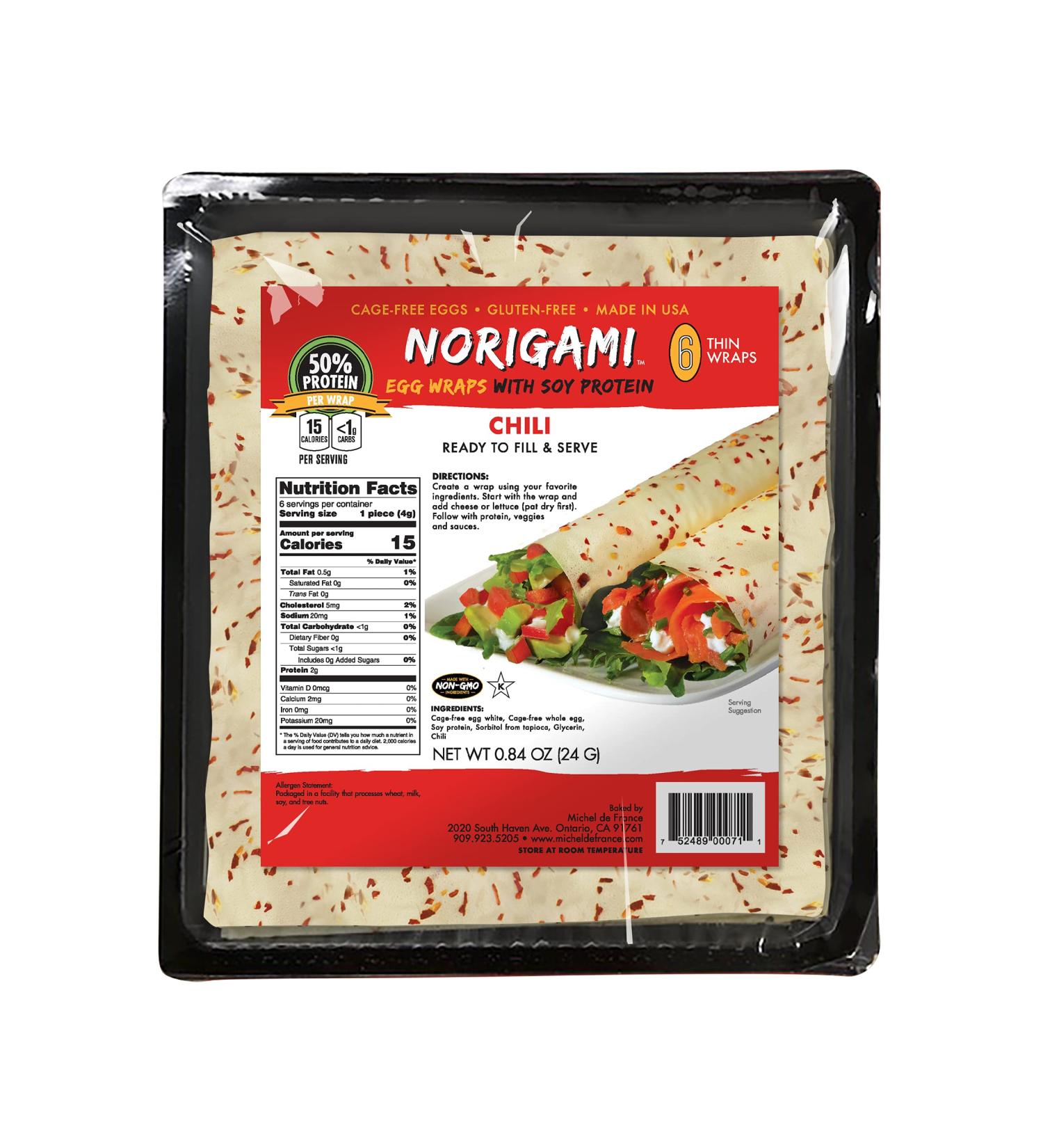 Norigami Egg Wraps Soy Protein - High Protein Low Carb Vegetarian Wraps - Ready To Fill & Serve - Kosher Non GMO Gluten Free - 6 Soy Wrap Chili Packs - Buy Online on GoSupps.com