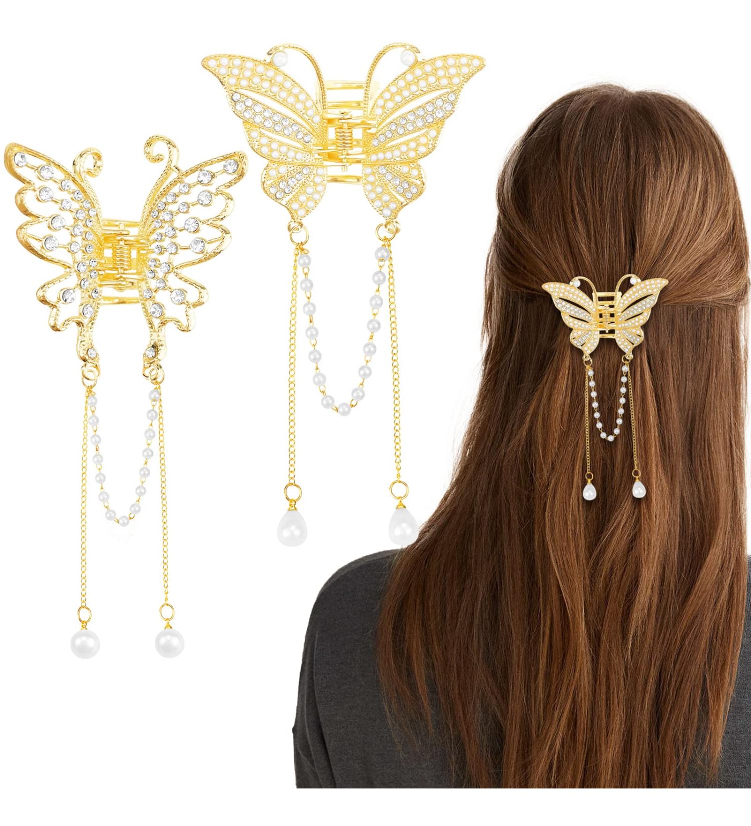 Gold Butterfly Pearl Hair Claw Clips Set - Rhinestone Tassel Metal Hair Clamps for Women and Girls - Buy Online on GoSupps.com
