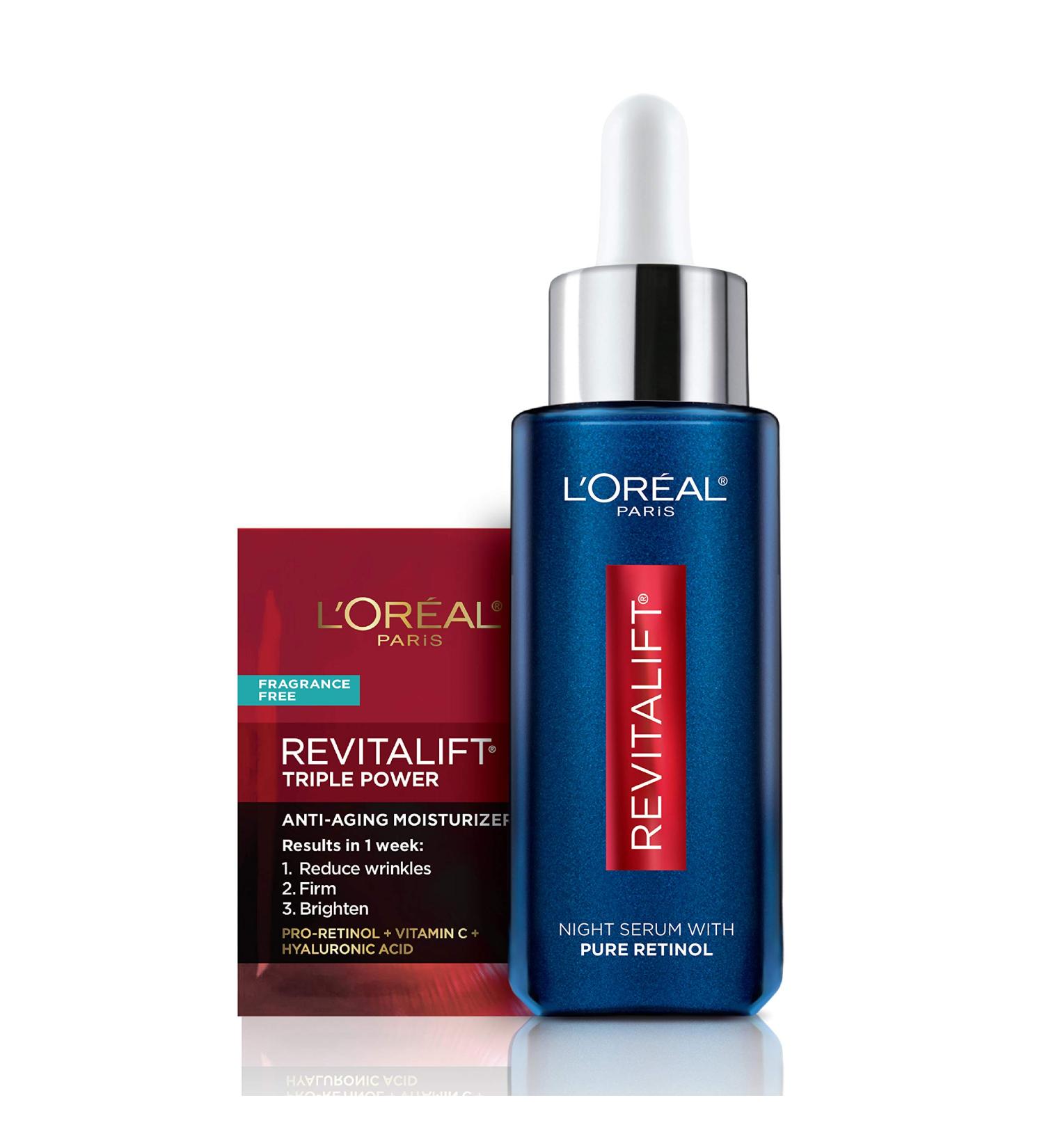 L'Oreal Paris Revitalift 0.3% Pure Retinol Night Serum - Visibly Reduce Deep Wrinkles, Fragrance Free - 1 oz + Moisturizer Sample - Buy Online on GoSupps.com