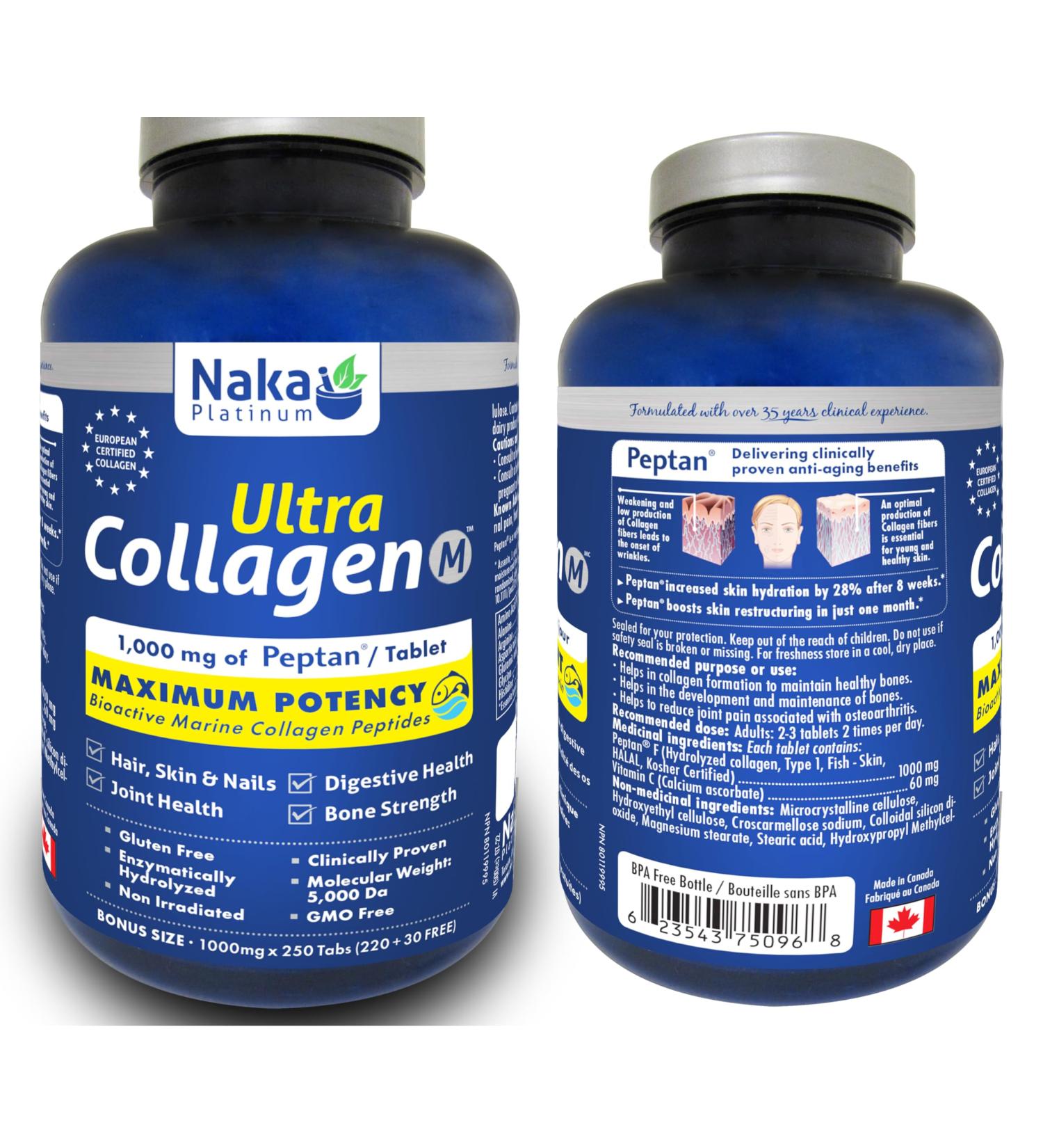 Naka Platinum Ultra Collagen featuring 1000mg of Peptain each tablet Maximum Potency Bioactive Marine Collagen Peptides. For Skin Nails Bones and Joints (250 tabs) - Buy Online on GoSupps.com