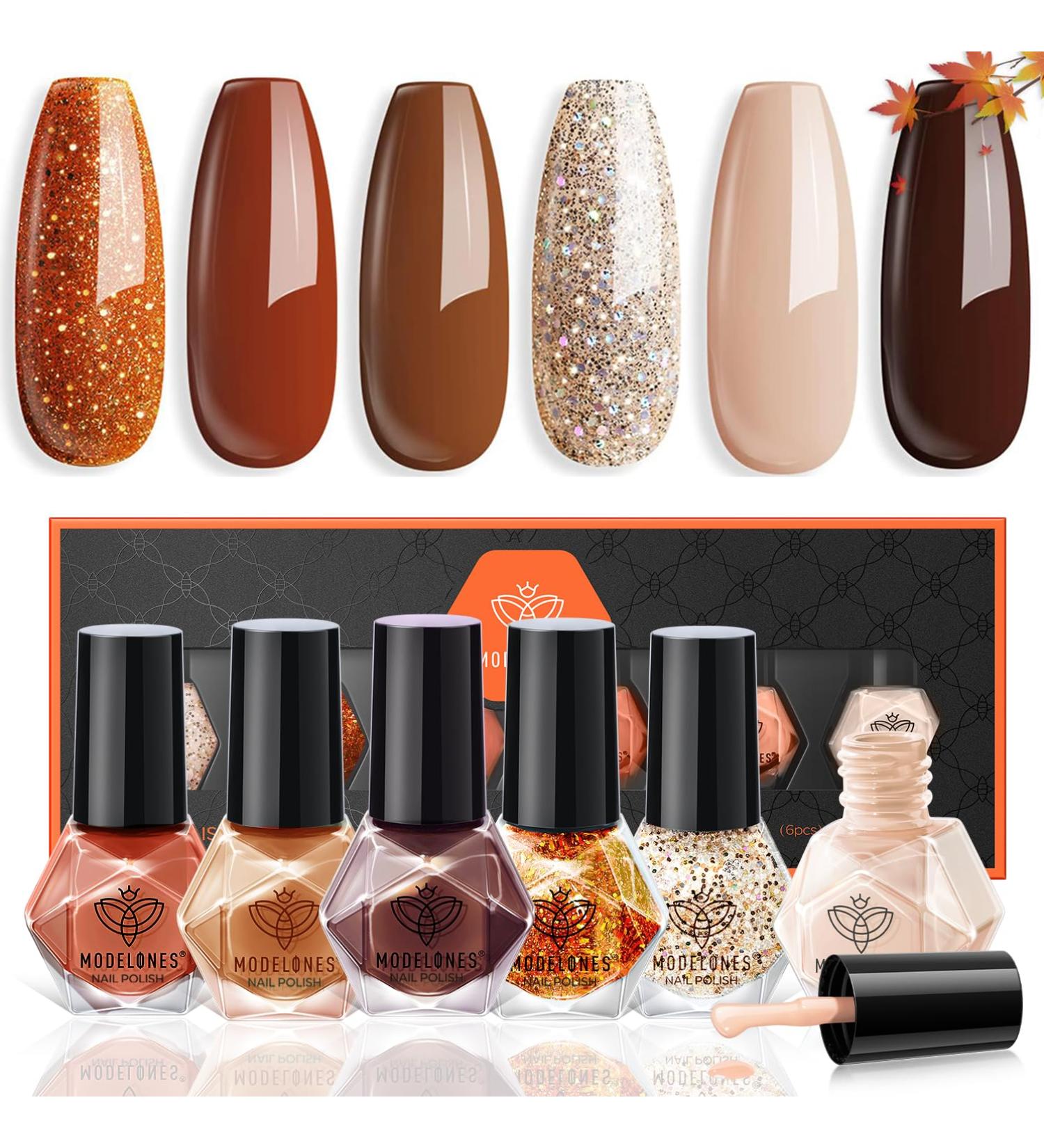 modelones Nail Polish Set Fall Winter 6 Colors Nail Polish Kit Gold Glitter Brown Quick Dry Nail Polish Manicure DIY Nail Art Salon Home Gift For Women - Buy Online on GoSupps.com