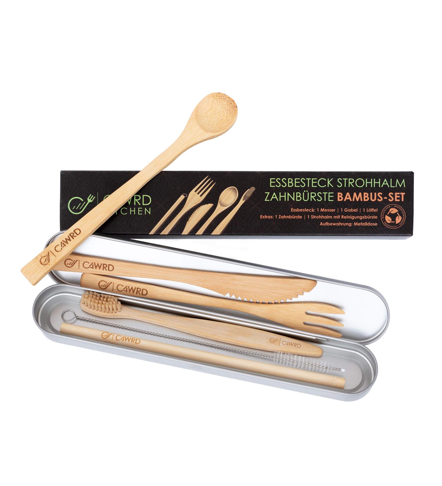 C4wrd Reusable 6-Piece Bamboo Cutlery Set in Metal Tin | Eco-Friendly Travel Utensils for On-the-Go Dining - Buy Online on GoSupps.com