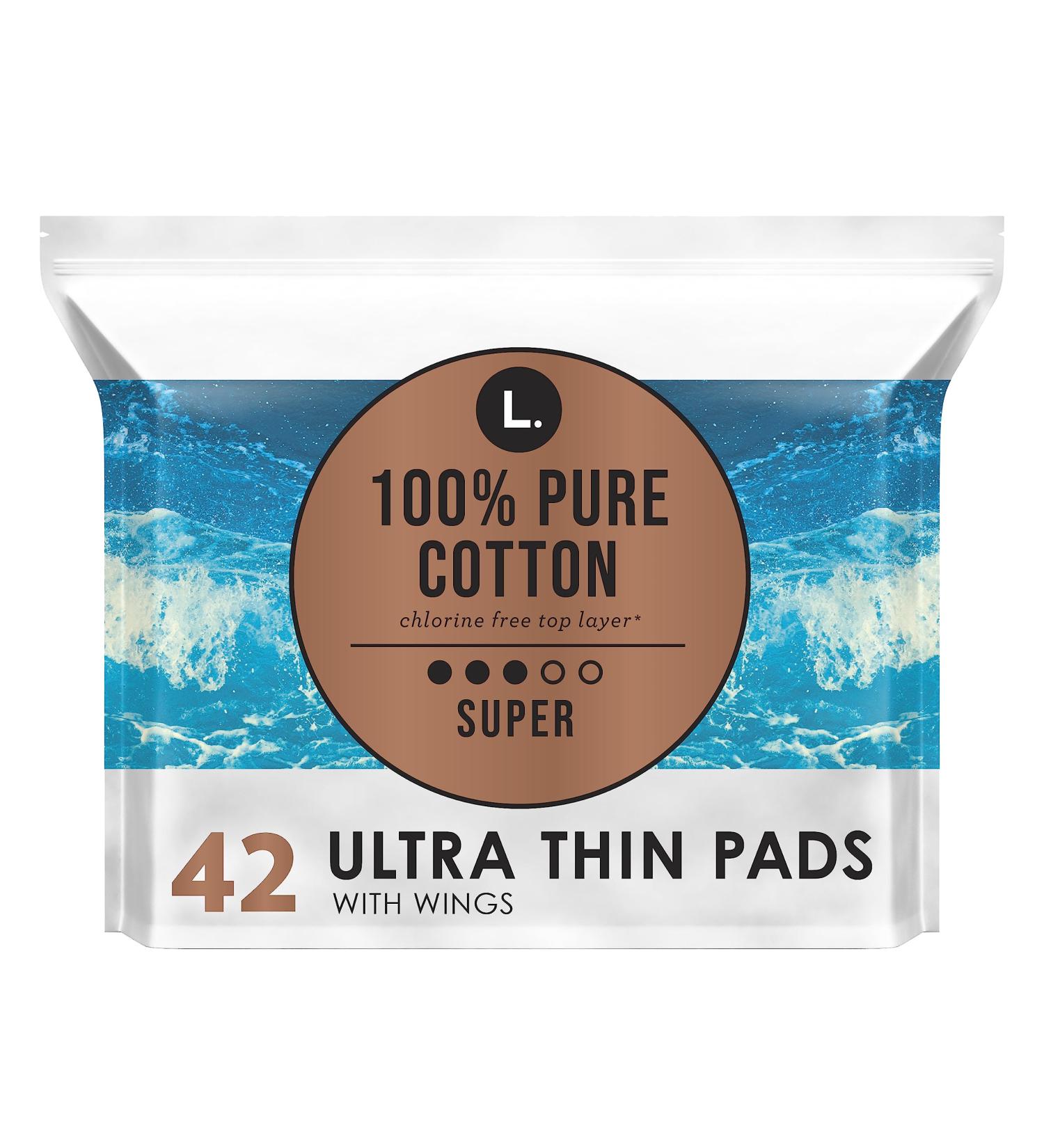 Ultra Thin Unscented Pads with Wings - Super Absorbency 42 Ct - 100% Pure Cotton - Chlorine Free Top Layer - Buy Online on GoSupps.com