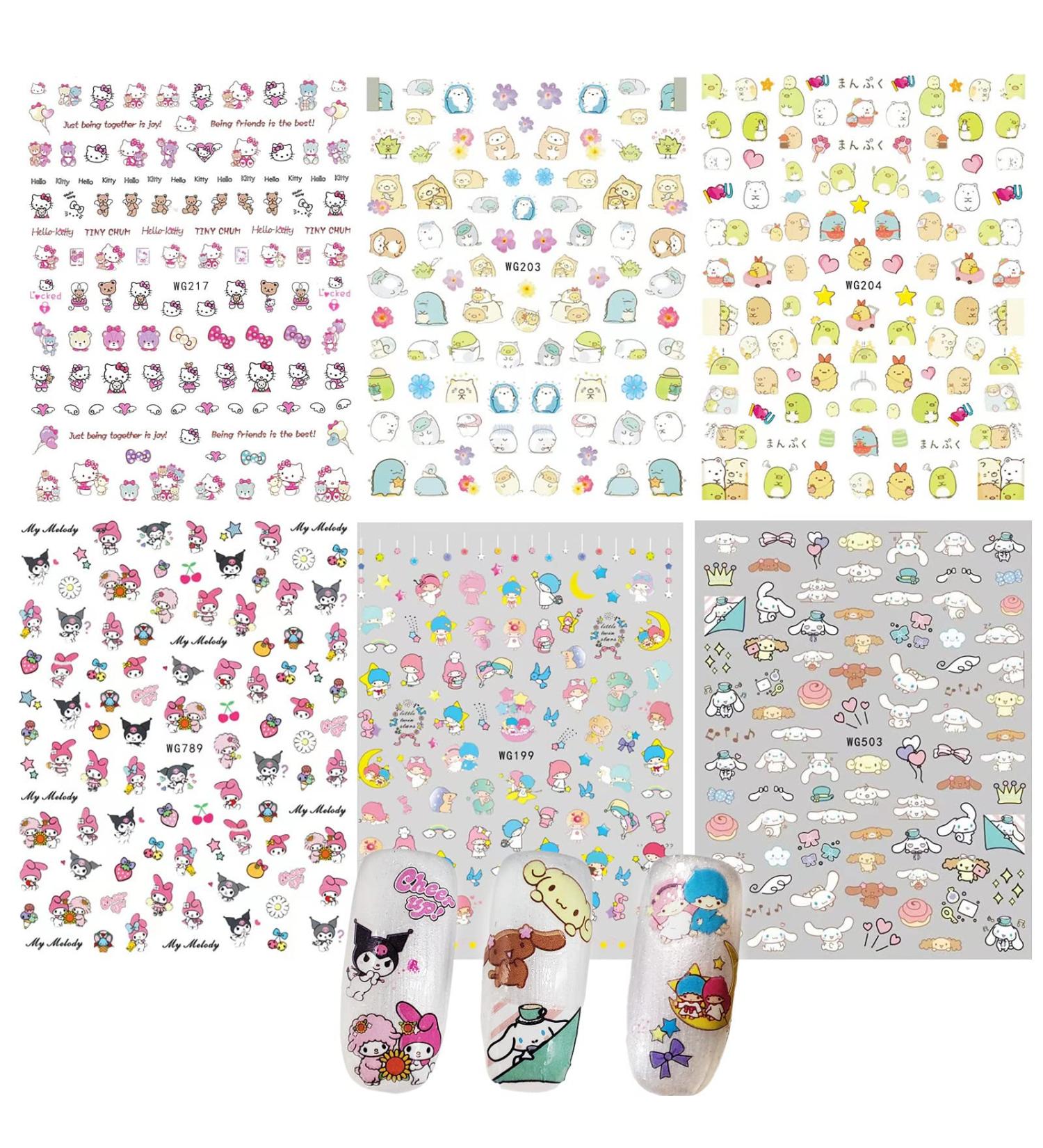 Cute Kawaii Cartoon Nail Art Stickers - 6 Sheets 3D Self Adhesive Decals for Women, Girls, Kids - Nail Design Supplies - Buy Online on GoSupps.com