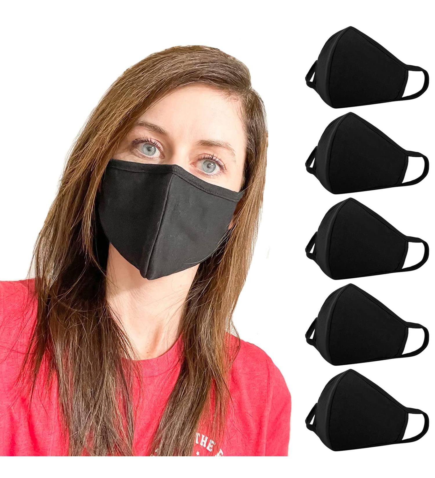 Comfso Cloth Face Masks Cotton with Nose Bridge Wire - Pack of 5 Black | For Girls, Boys, Men, Women - Buy Online on GoSupps.com