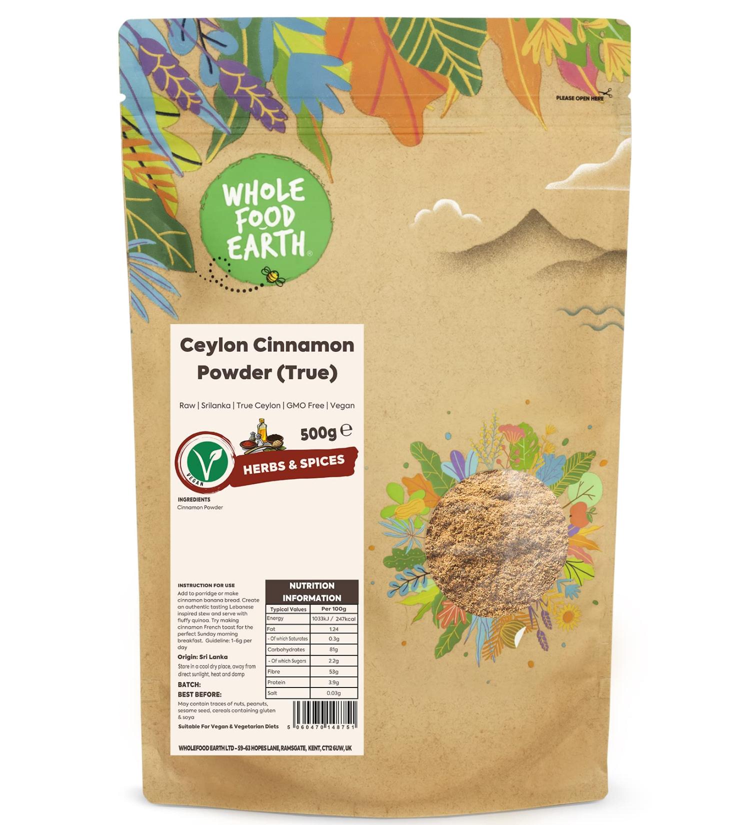 Wholefood Earth Ceylon Cinnamon Powder 500g - Raw & GMO Free from Sri Lanka - Buy Online on GoSupps.com