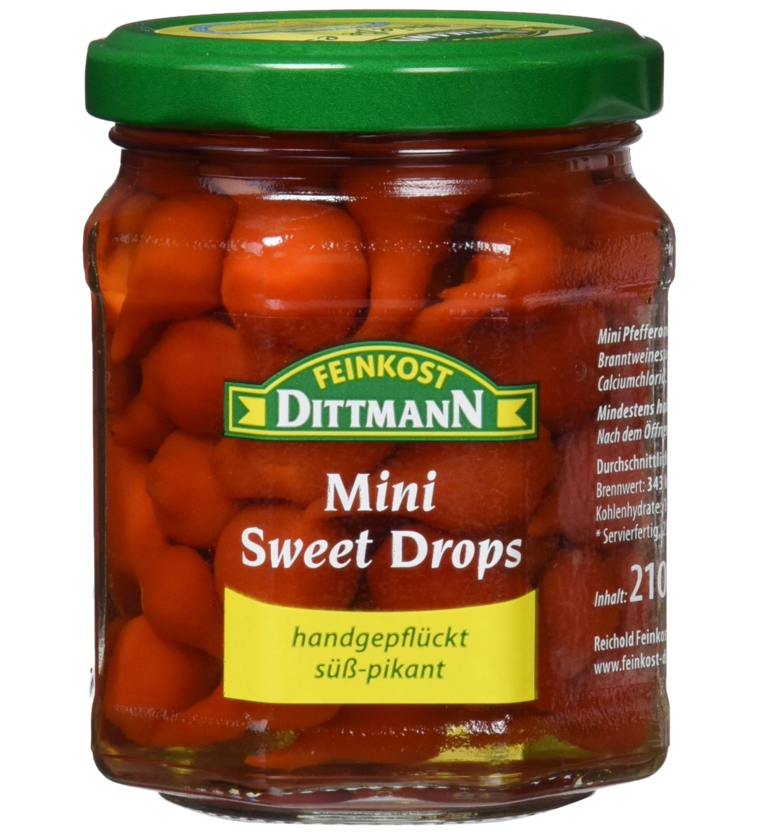 Feinkost Dittmann Mini Sweet Drops - Hot Hand-Picked Mini Red Peppers in Glass 5-Pack (5 x 210g) | International Shipping Available - Buy Online on GoSupps.com