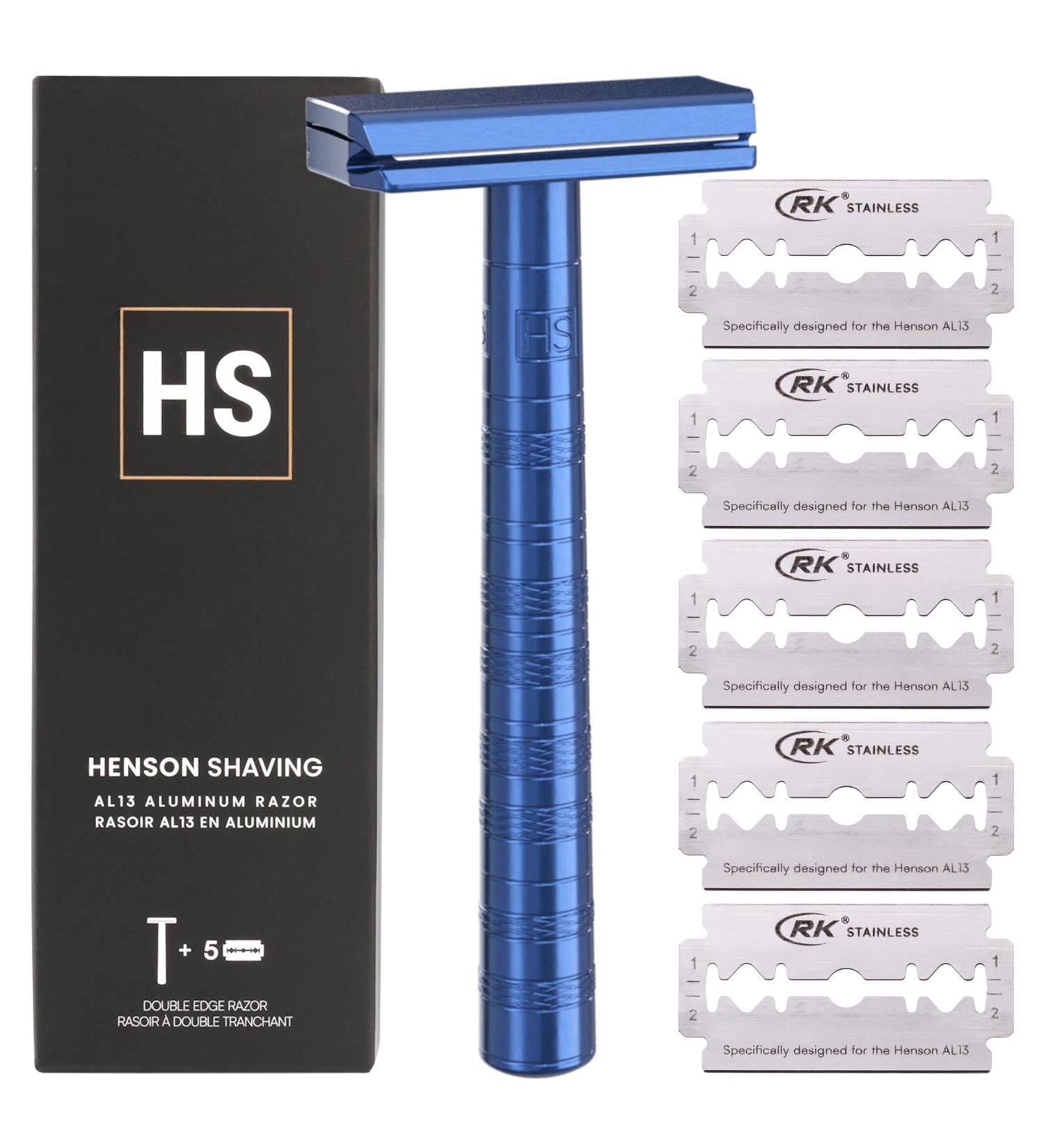 Henson Shaving Razor - Steel Blue Double Edge Safety Razor | 5 Spare Blades & 30 Precision | Reusable for Men & Women - Buy Online on GoSupps.com