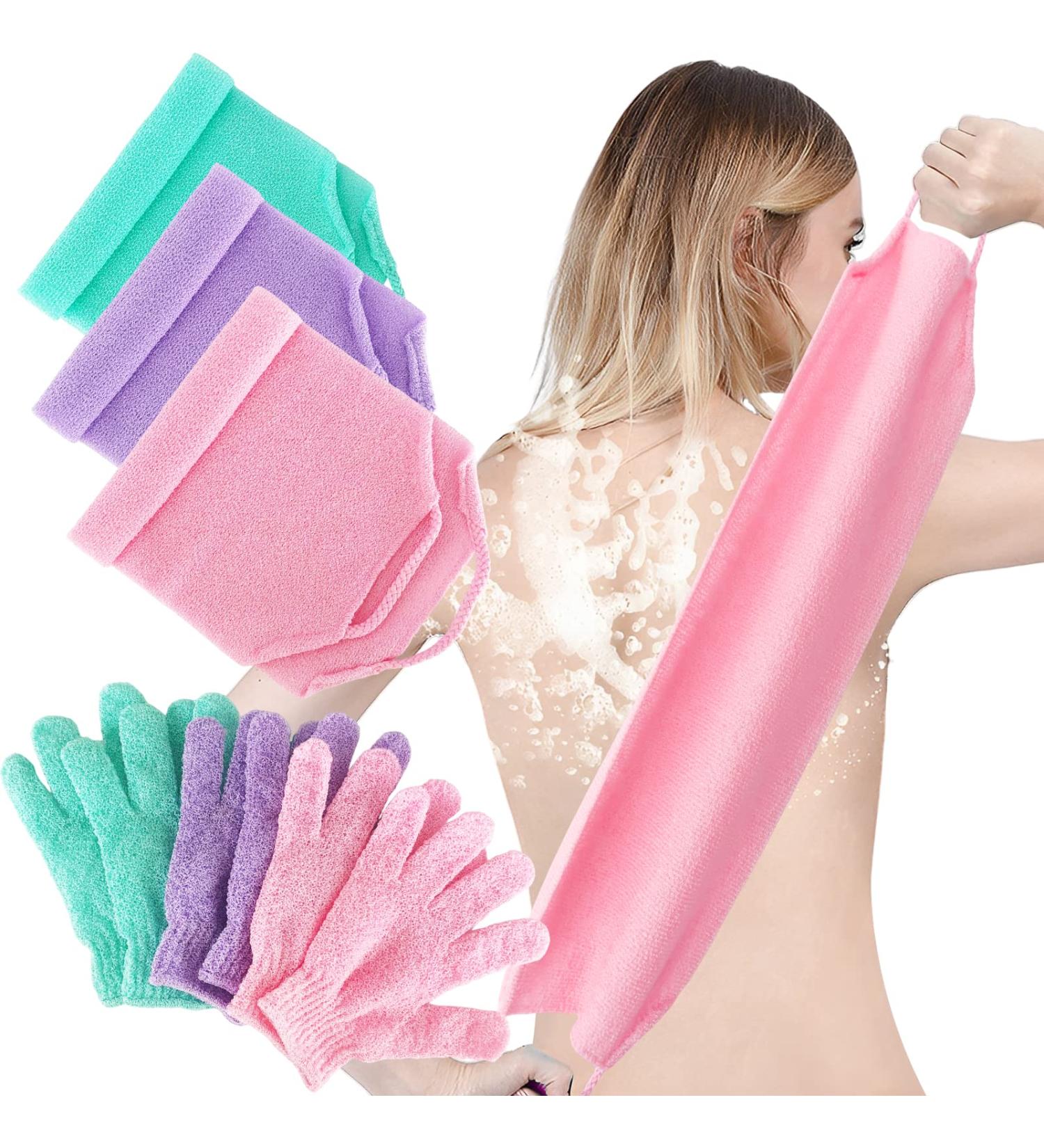 9 Pack Exfoliating Shower Bath Gloves and Back Scrubber Set - 3 Pairs Bath Gloves, 3 Exfoliating Body Scrubber - Nylon Washer, Stretchable Design for Women, Men, Children - Pink, Purple, Green - Buy Online on GoSupps.com