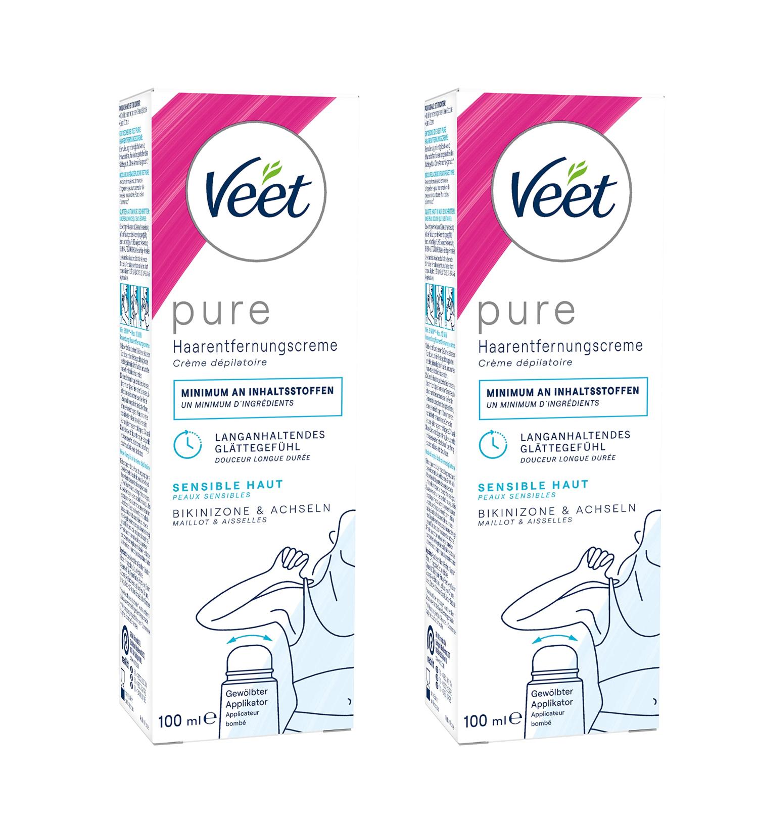 Veet Pure Hair Removal Cream for Bikini & Armpits - Sensitive Skin - 2 Pack (200 ml) with Curved Applicator & Spatula - International Shipping Available - Buy Online on GoSupps.com