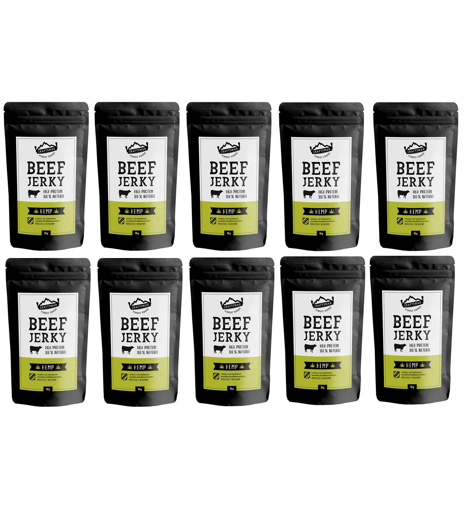  CRAFTSMAN FINEST FOODS Craftsman Beef Jerky Hemp 500 g | Made in Germany - Bavaria | Jerky Beef Set 10 x 50 g | 100% Natural | 100% Beef | High Protein 68% | Dry Meat Biltong Hemp | Sugar Free - Buy Online on GoSupps.com