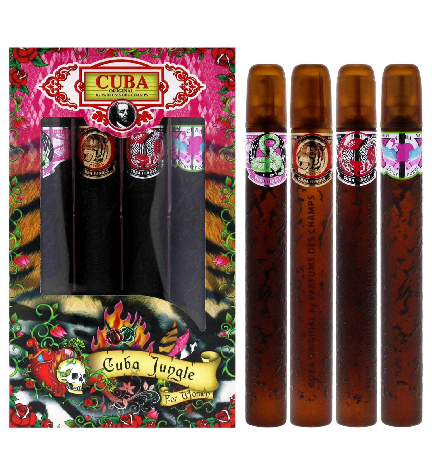 Cuba Original by Parfums Des Champs Jungle Collection 4-Piece Perfume Variety Gift Set - Includes Cuba Snake Cuba Tiger Cuba Zebra and Cuba Heartbreaker - 1.17 Oz Perfume (EDP) Each - Buy Online on GoSupps.com