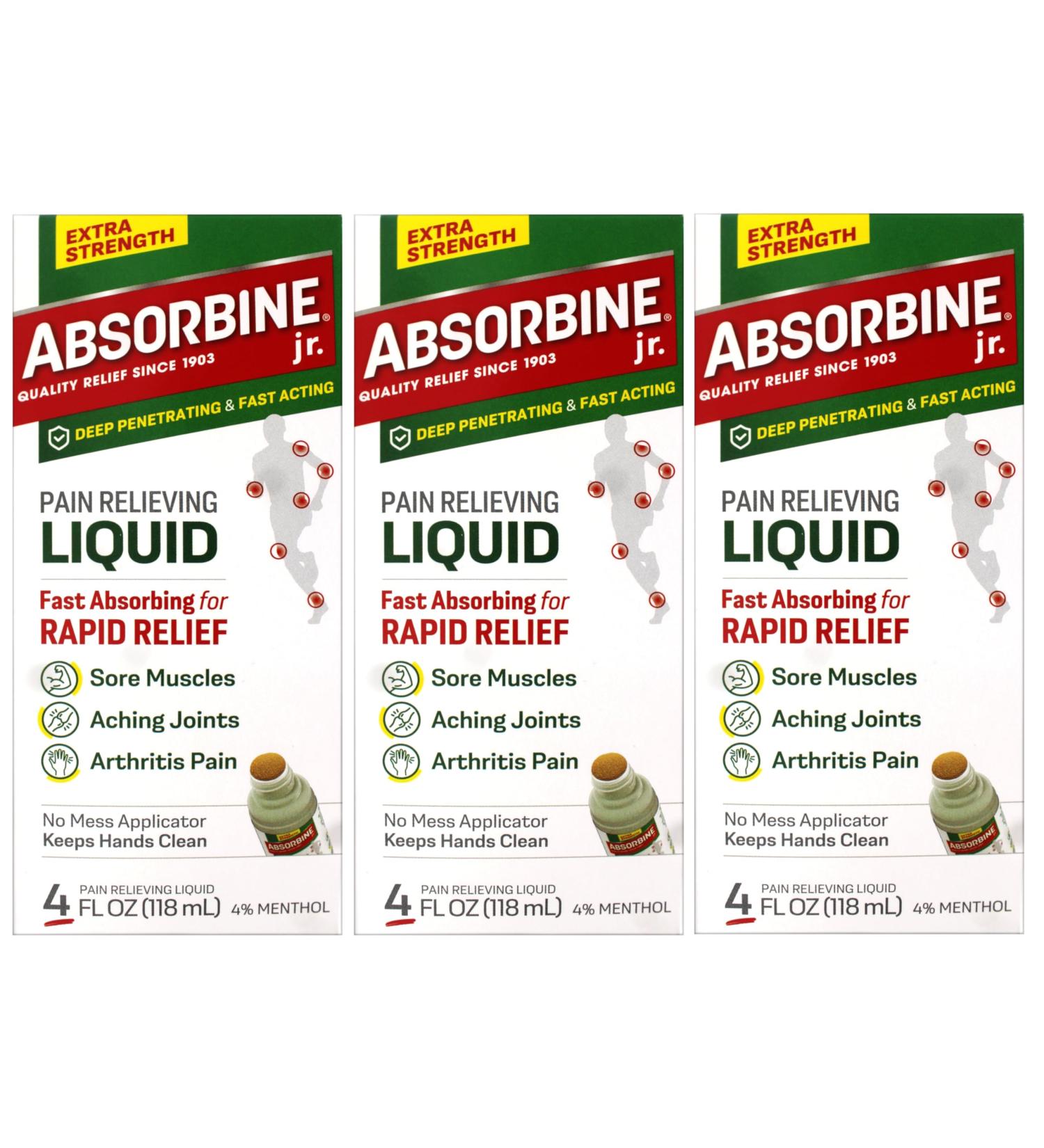 ABSORBINE JR. Extra Strength Pain Relieving Liquid for Muscle Joints Arthritis Pain with No-Mess Applicator 4 Oz - 3 Pack - Buy Online on GoSupps.com
