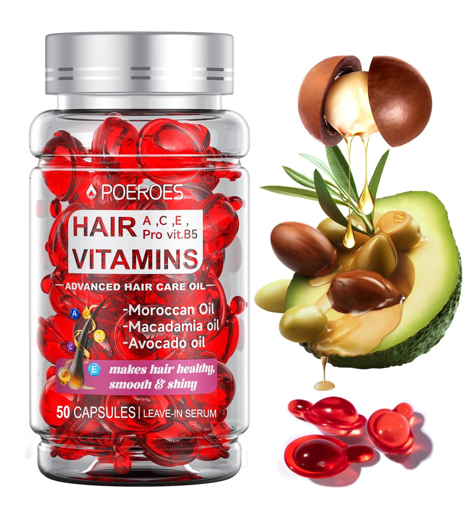 Hair Vitamins A C E Pro B5 - 50 Capsules for Frizzy & Damaged Hair | Argan Avocado & Moroccan Oil Leave-In Conditioner - Buy Online on GoSupps.com