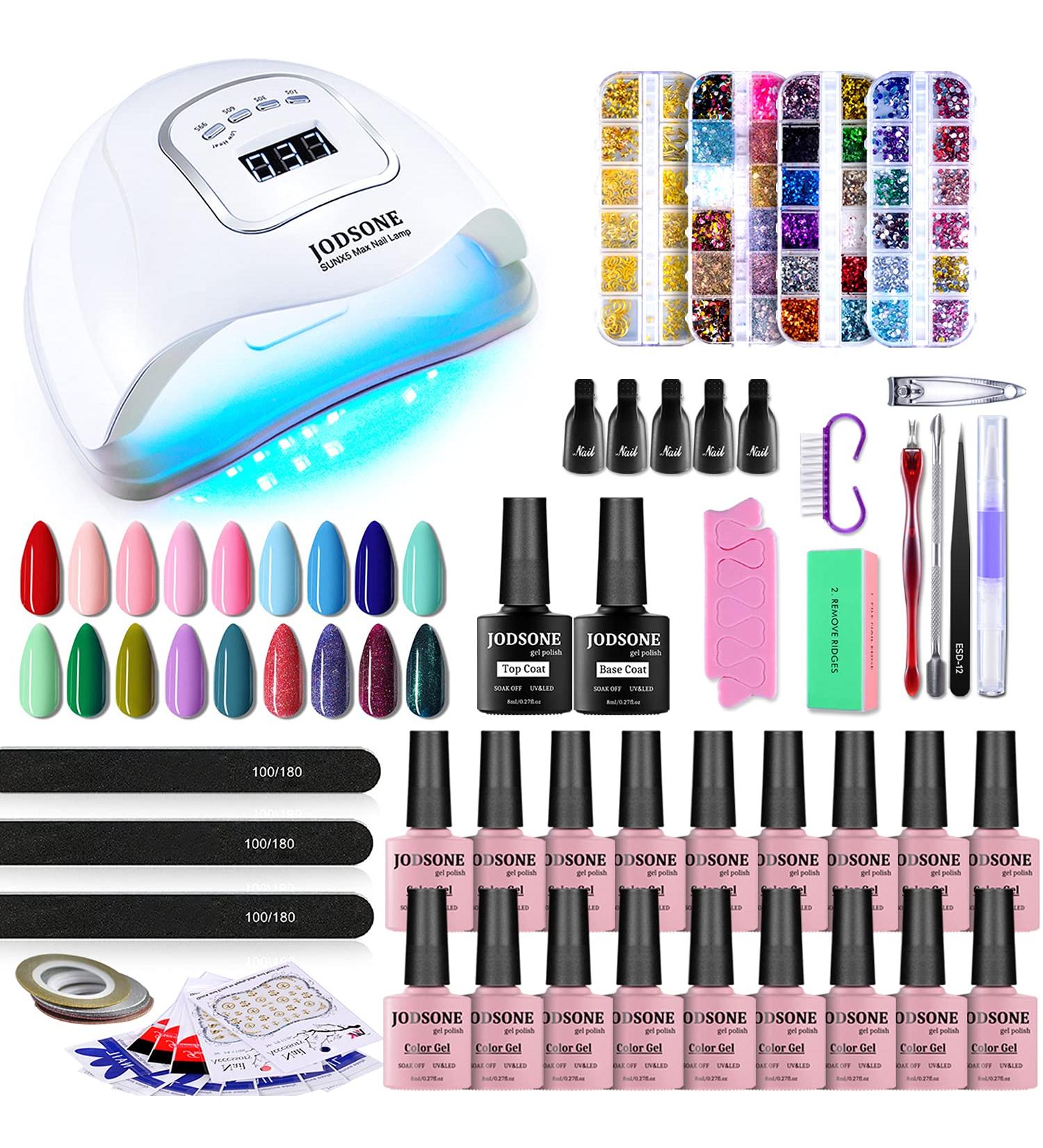 JODSONE Gel Nail Polish Kit with UV Light - 18 Piece Set | 150W Nail Lamp, Base & Top Coat, Glitter, Rhinestone Gems | DIY Manicure Art Gift - Buy Online on GoSupps.com