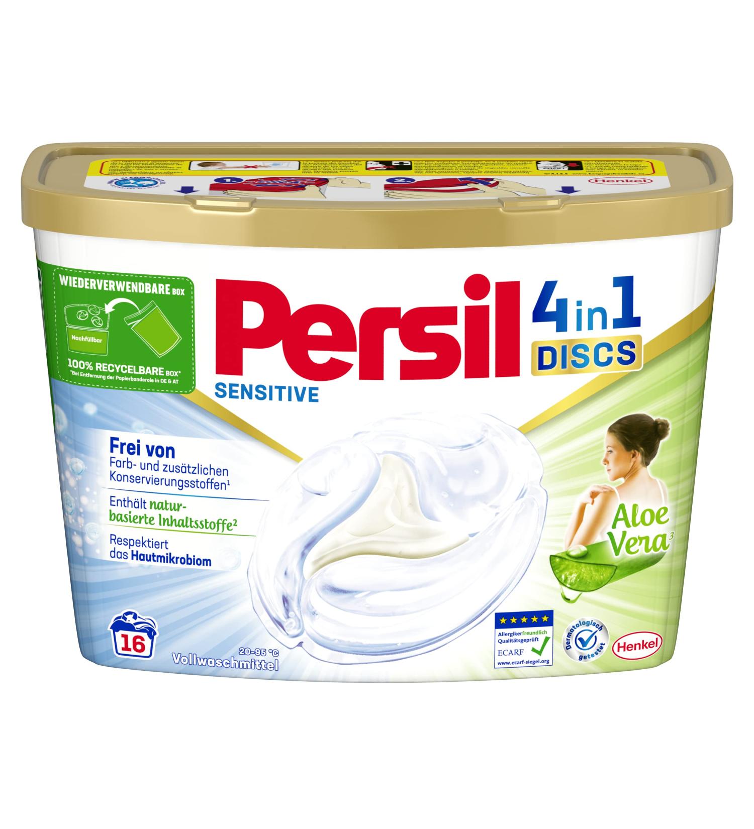 Persil Sensitive 4in1 Discs - Allergy-Friendly Detergent for Babies | 16 Wash Loads with Aloe Vera | Effective from 20 C to 95 C - Buy Online on GoSupps.com