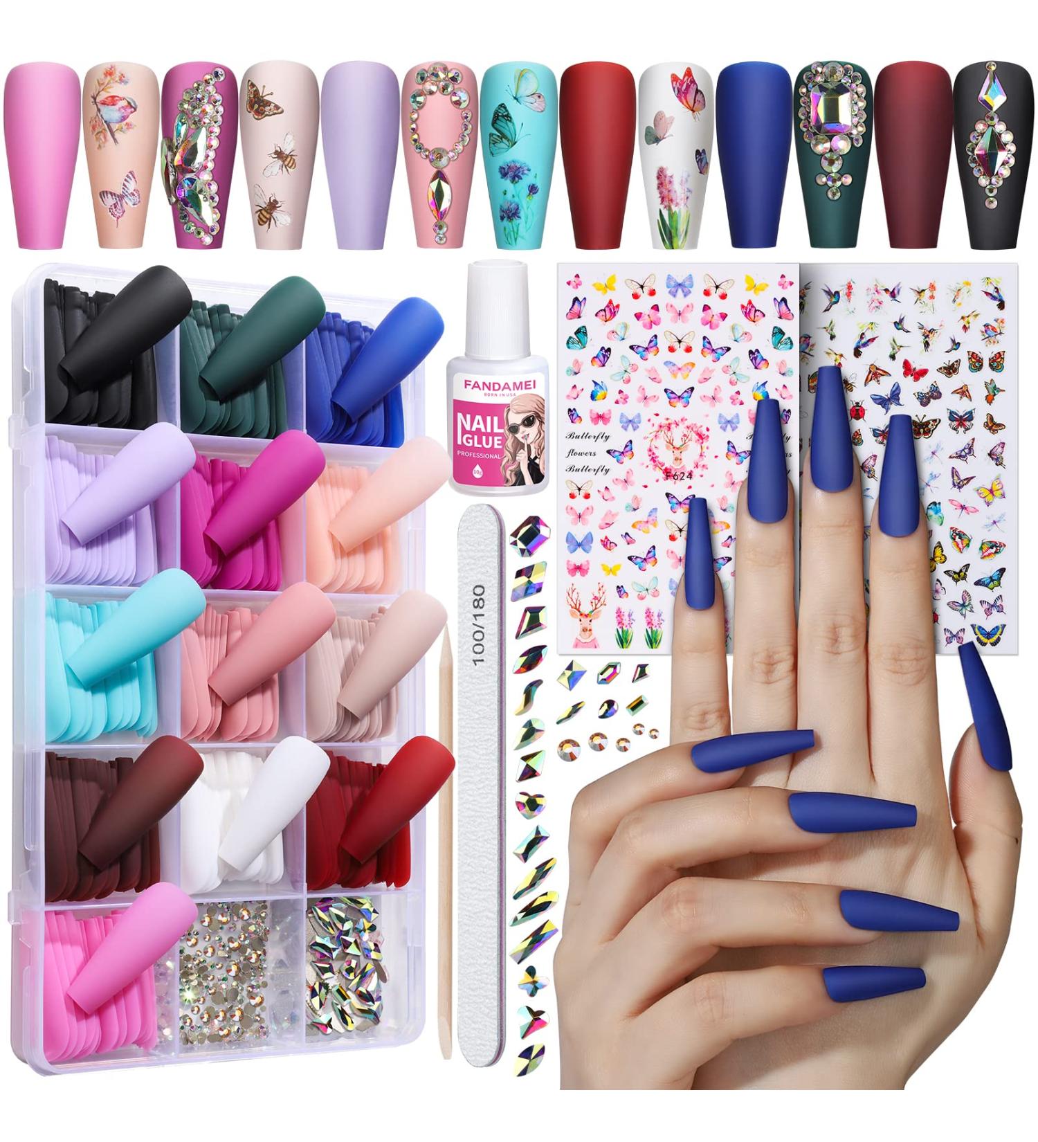 FANDAMEI Long Matte Press on Nails - 312 PCS Full Cover Coffin & Ballerina Nail Tips with Glue Rhinestones & Art Stickers - Perfect for International Shipping - Buy Online on GoSupps.com
