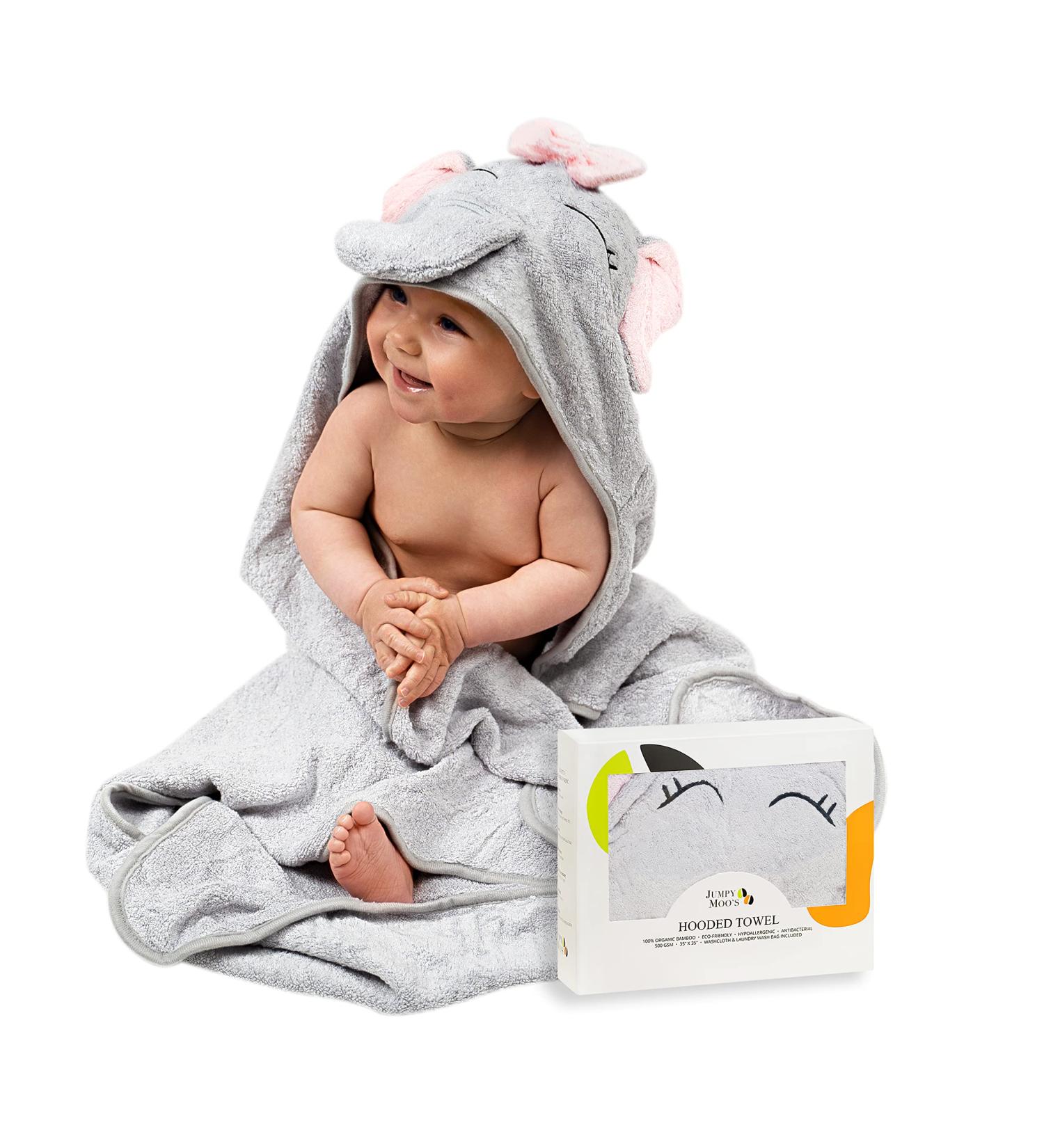 JM Organic Bamboo Hooded Baby Towel - Hypoallergenic, Absorbent - 35x35 - Perfect Baby Gift Set with Washcloth & Laundry Bag - Pink Elephant - Buy Online on GoSupps.com