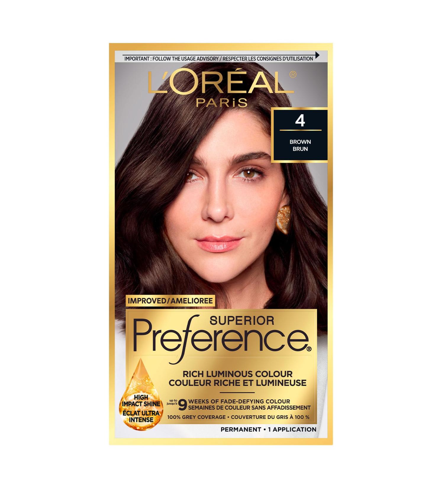 L Or al Paris Superior Preference 9 weeks of Luminous Fade-Defying Permanent Hair Dye 4 Brown 100% Grey Coverage 1 Hair Dye Kit (Packaging May Vary) 1 Count ( Pack Of 1 ) Brown - Buy Online on GoSupps.com