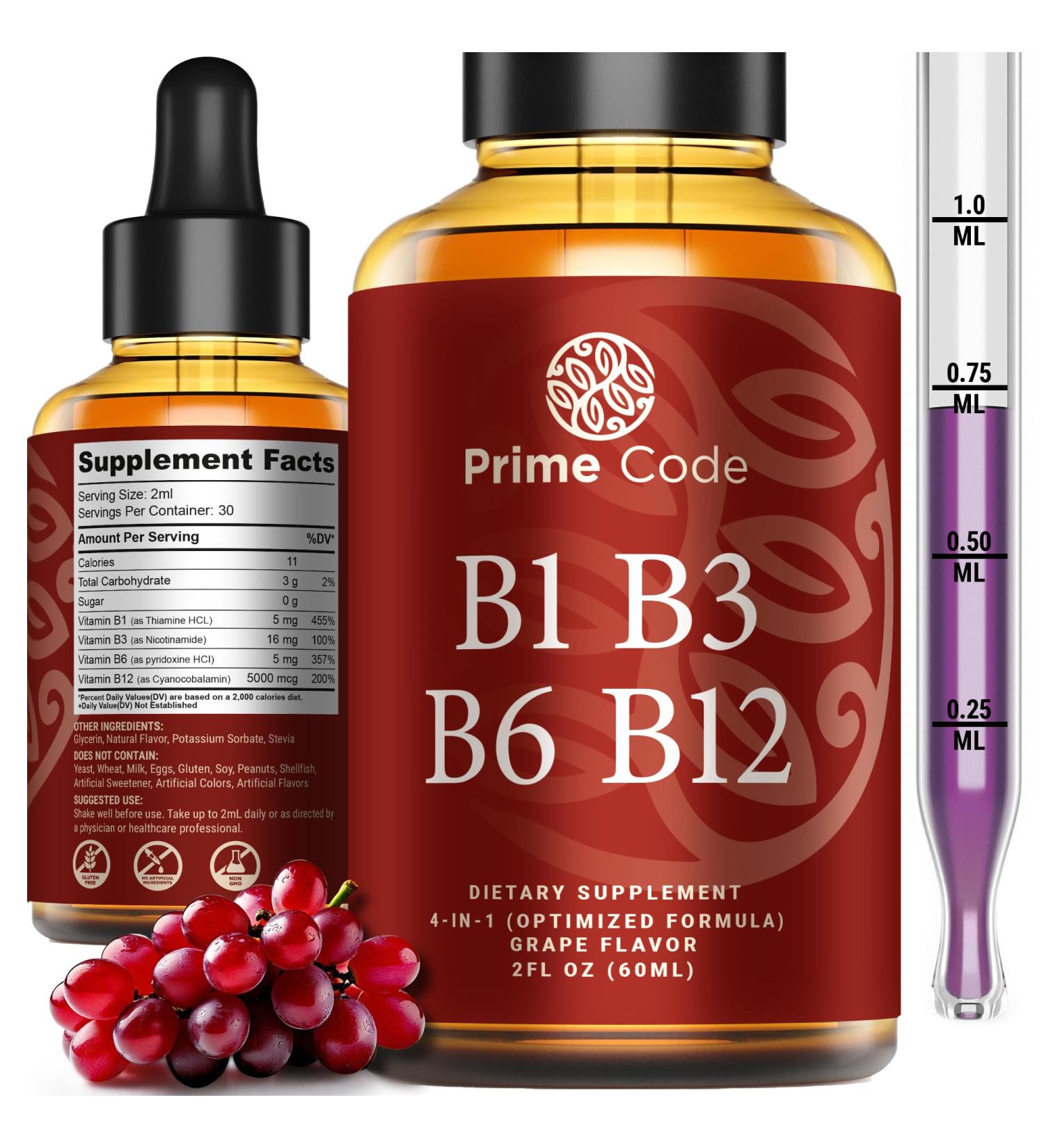 Prime Code Liquid Vitamin B1 Drops with Vitamin B3 B6 & B12 | B Complex Liquid Supplement | Thiamine Supplement for Adults | High Absorption | Immune Support | Non-GMO | Gluten-Free - Buy Online on GoSupps.com