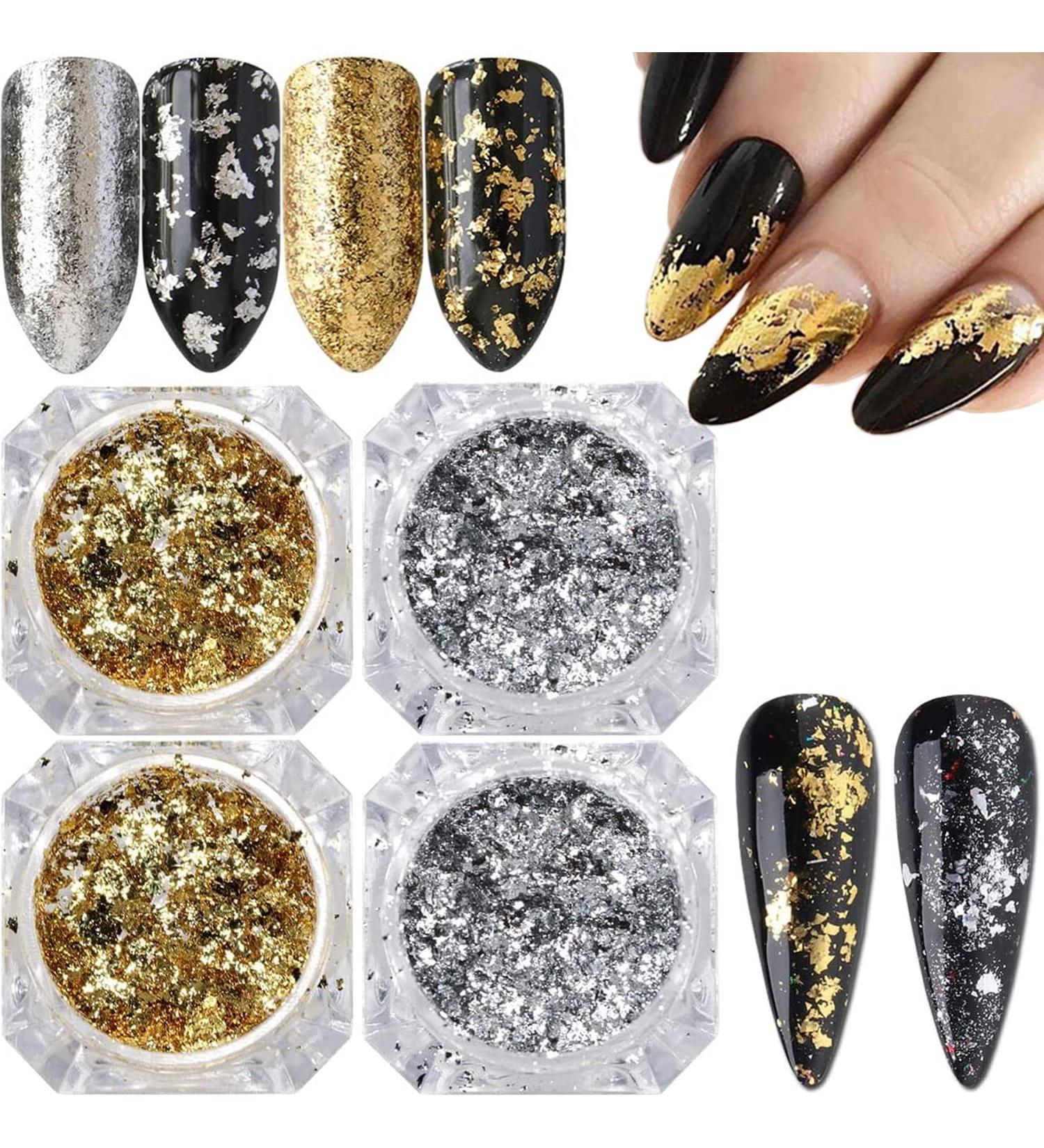 Holographic Nail Art Sequins Glitter Kit - 4 Boxes Set, Aluminum Foil Sequins for Nails - Gold & Silver Irregular Glitter Flakes, Mirror Chrome Powder - Nail Decorations - Buy Online on GoSupps.com
