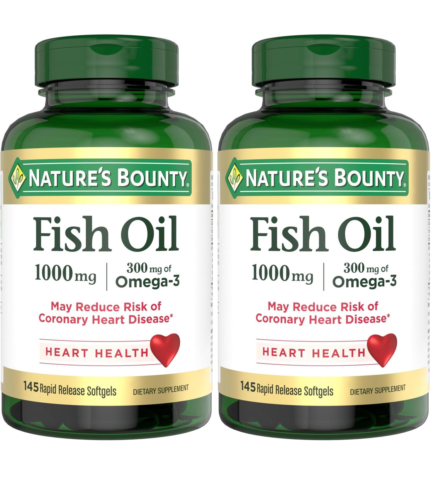 Nature's Bounty Fish Oil Supports Heart Health 1000mg Rapid Release Softgels 145 Ct (Pack of 2) Unflavored 145 Count (Pack of 2) - Buy Online on GoSupps.com