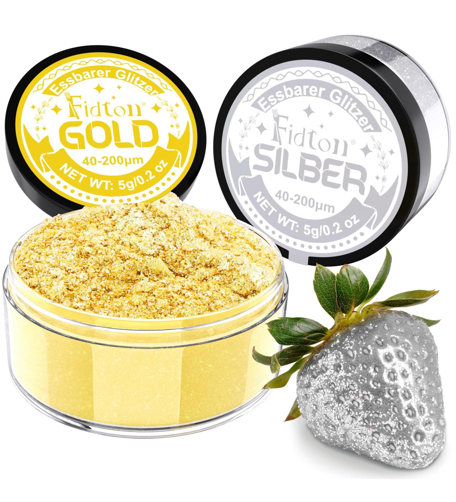 Fidton Edible Glitter for Drinks - 2 Colors Food Color Powder Set | Gold & Silver Edible Glitter for Cakes Donuts Fondant & Cocktails - 5G - Buy Online on GoSupps.com