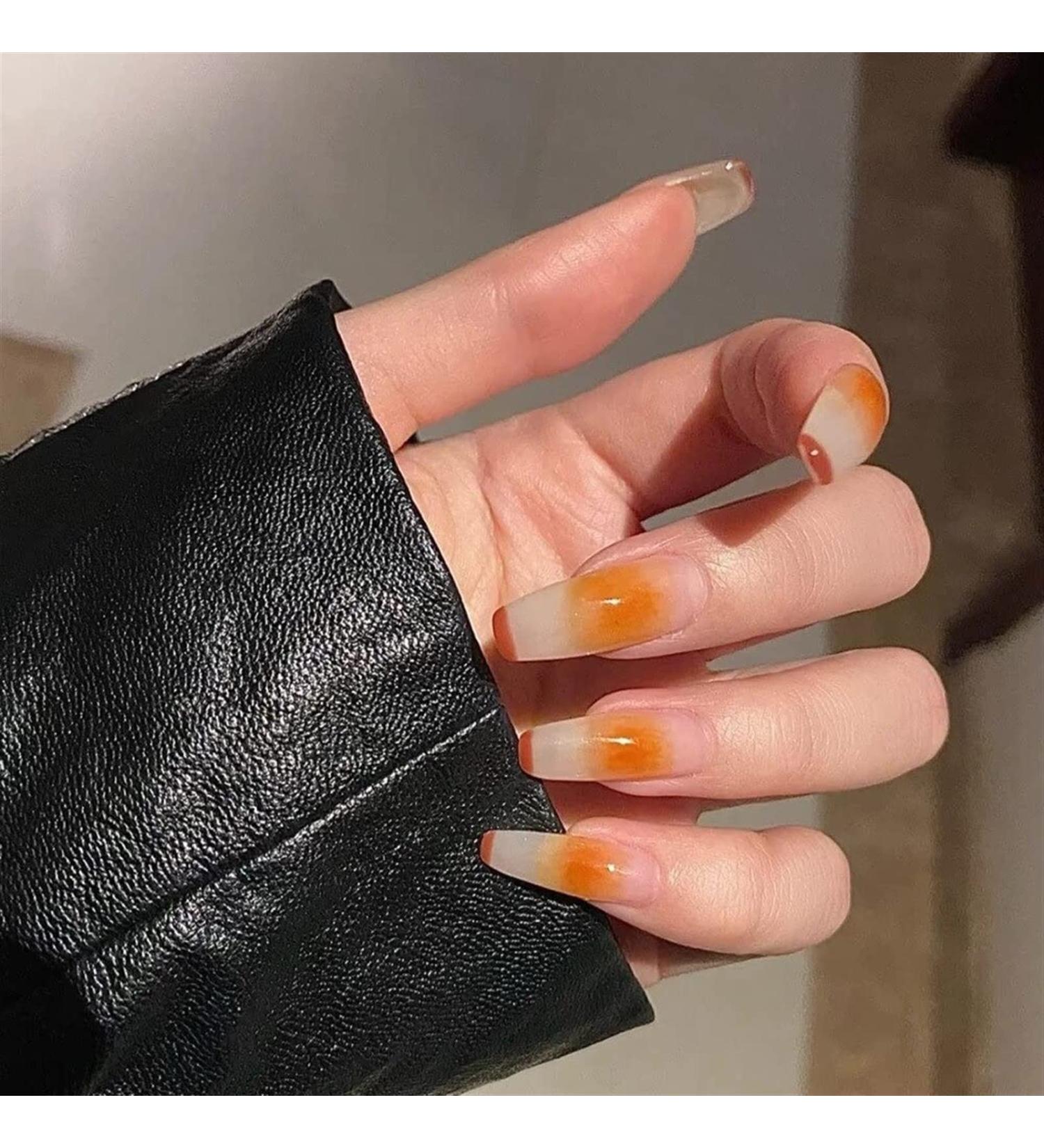 24PCS Spring Summer Sweet False Nails Long Simple Orange French False Nails Press On Nails Wearable Finished Nail Piece Extra Long Fake Nails - Buy Online on GoSupps.com