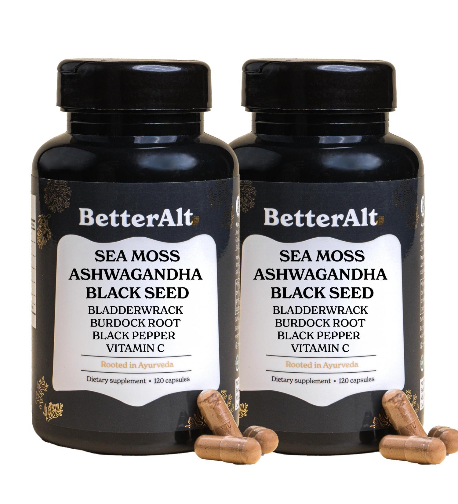 3000mg Iris Sea Moss 2000mg Black Seed Oil 1000mg Ashwagandha 1000mg Burdrock Root 1000 mg Bladderwrack with Black Pepper & Vitamin C |Vitality & Energy Support | All-in-one supplement| Pack of 2 Capsules - Pack of 2 - Buy Online on GoSupps.com