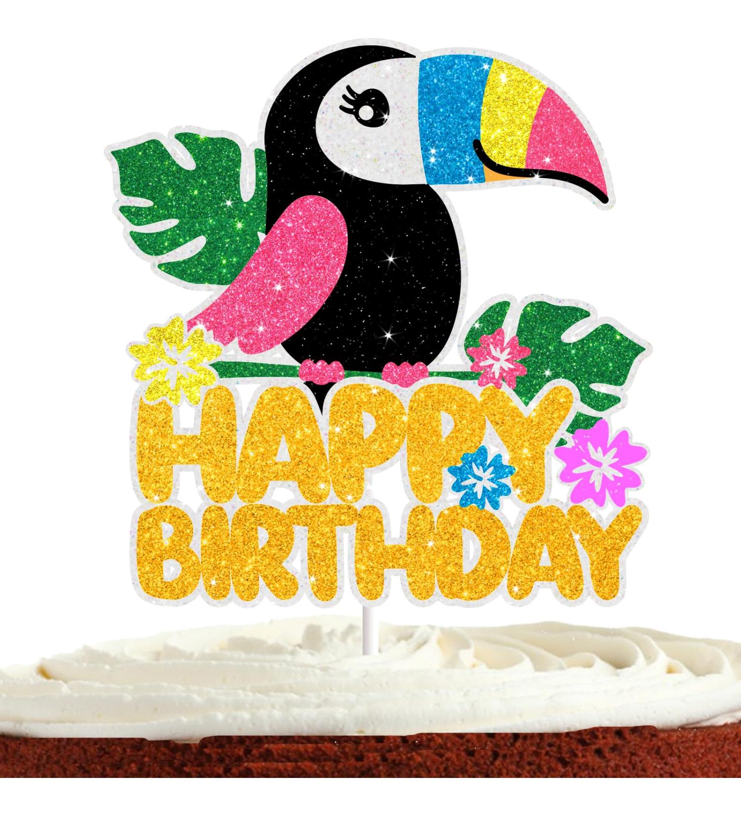 Toucan Bird Birthday Cake Topper for Boys Girls Men Women Sunmmer Hawaiian Luau Party Decorations Palm Leaf Jungle Cake Decor Glitter Tropical Cake Decorations - Buy Online on GoSupps.com