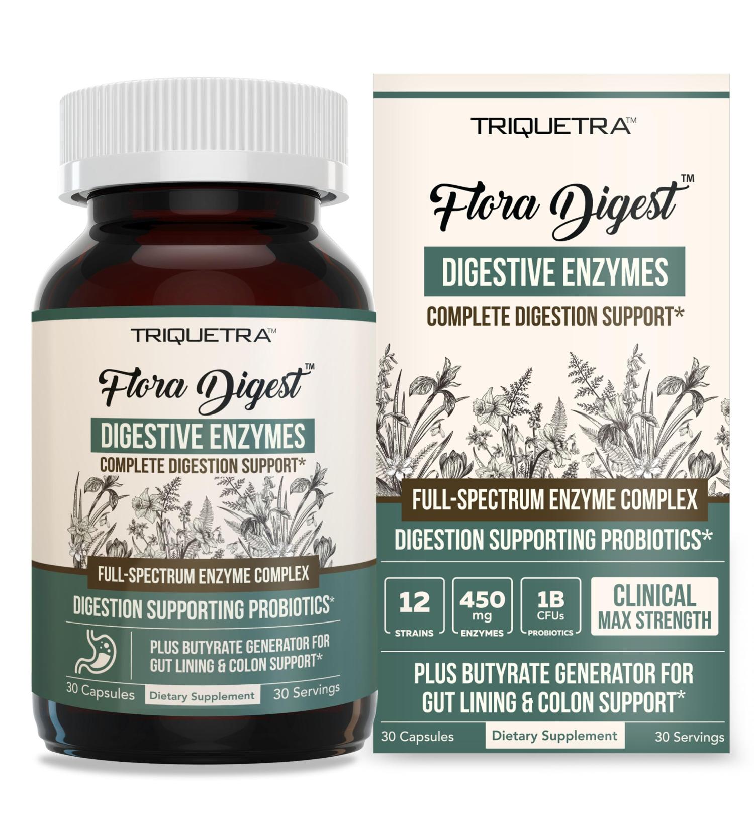 Flora Digest - 3-in-1 Max Strength Digestive Enzymes + Gut Surviving Probiotics & ButyraGen Postbiotic for Optimal Digestion Bloating Relief Regularity Gut Lining & Colon Support - (30 Capsules) 30 Count (Pack of 1) - Buy Online on GoSupps.com