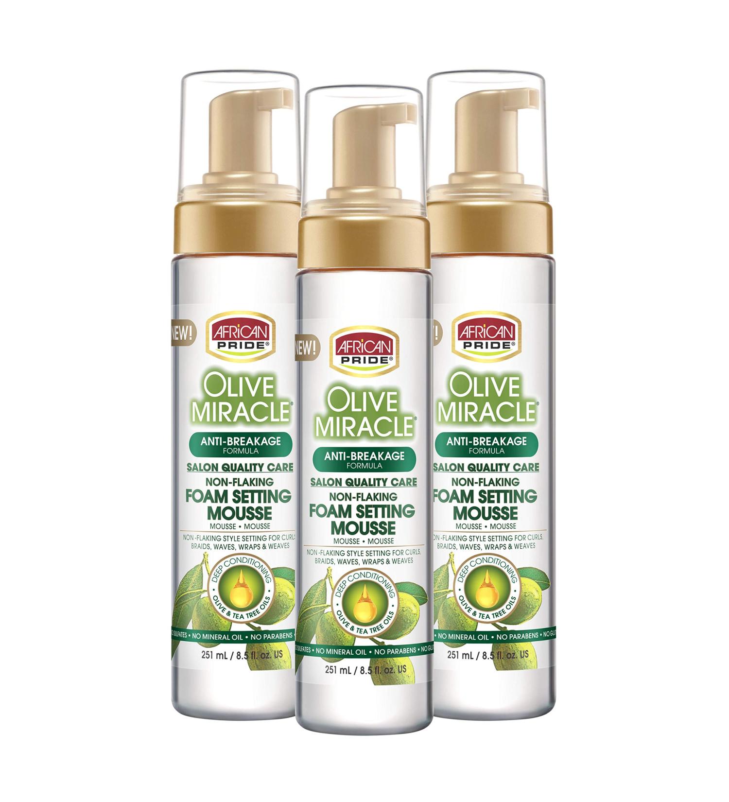 African Pride Olive Miracle Non-Flaking Foam Setting Hair Mousse (3 Pack) Long-Lasting Frizz & Shine Control for Curls Braids Weaves Wigs Waves & Wraps 8.5 oz - Buy Online on GoSupps.com