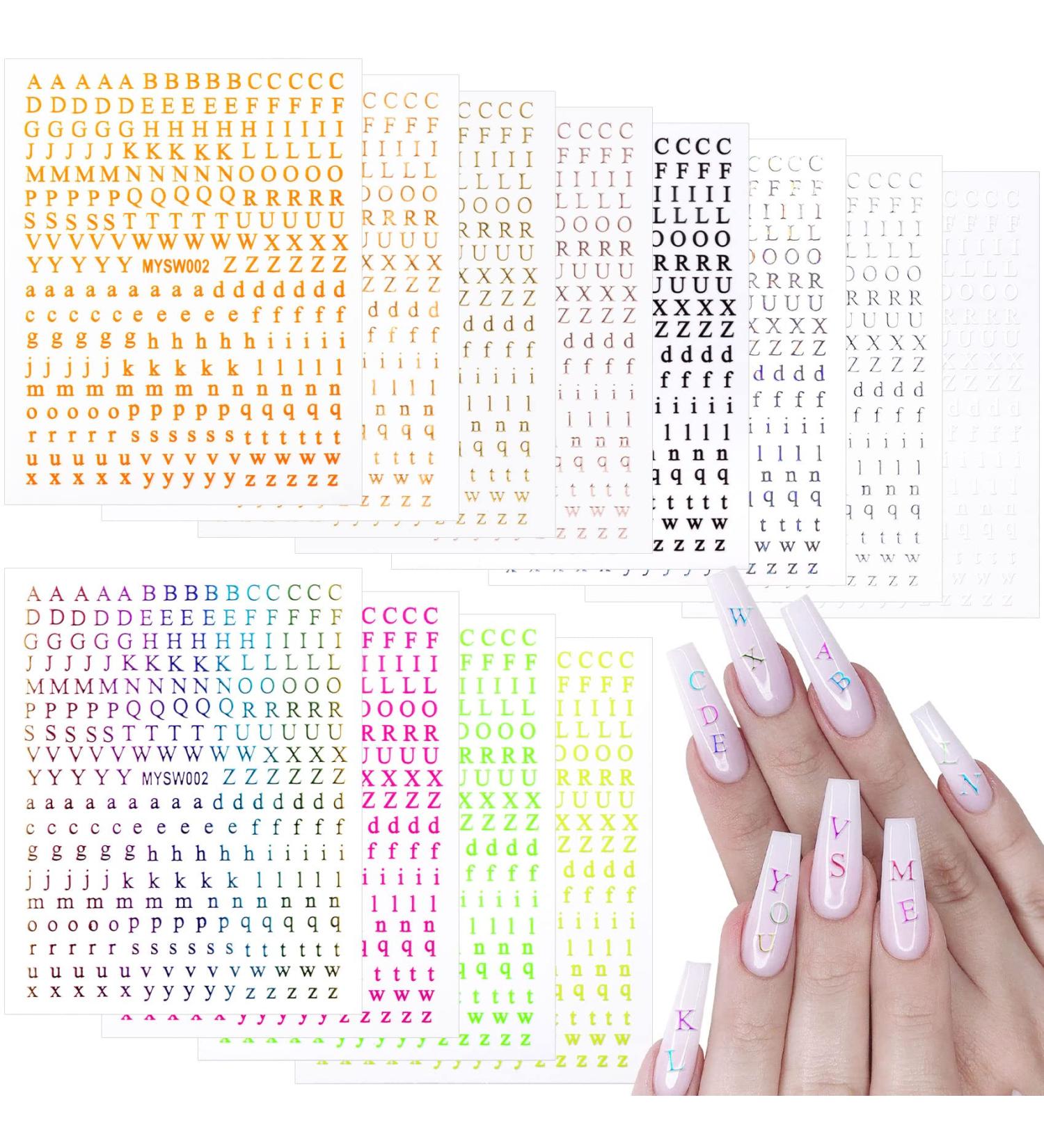 OIIKI 12 Sheets 3D Holographic Letters Nail Stickers - Fluorescent Color Self Adhesive Decals for Women Girls Nail Art - Style 1 - Buy Online on GoSupps.com