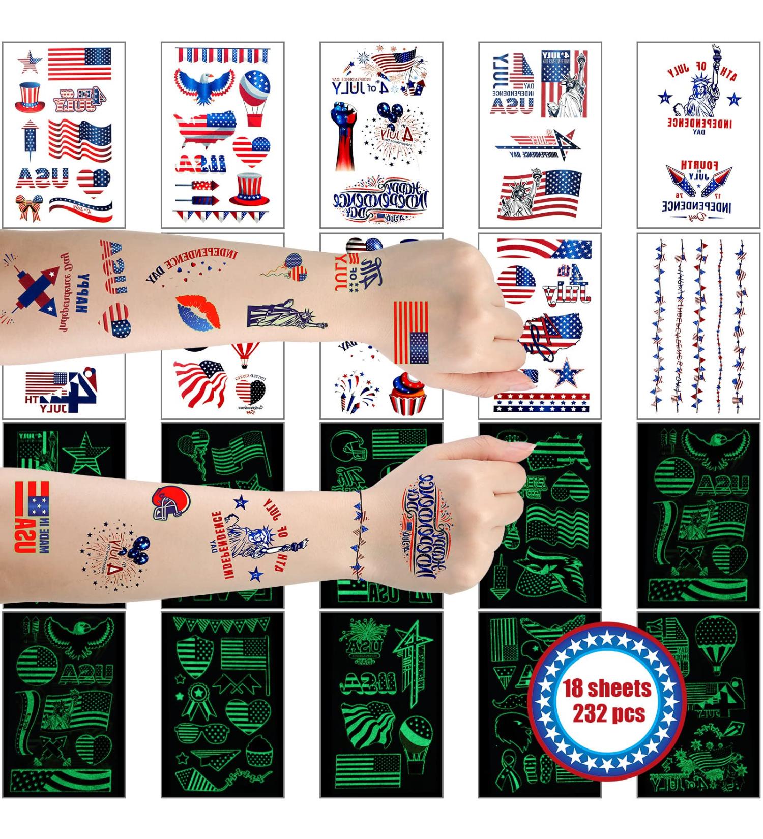 60 Sheets 4th of July Glow in the Dark Patriotic Temporary Tattoos with American Flag Design - Buy Online on GoSupps.com