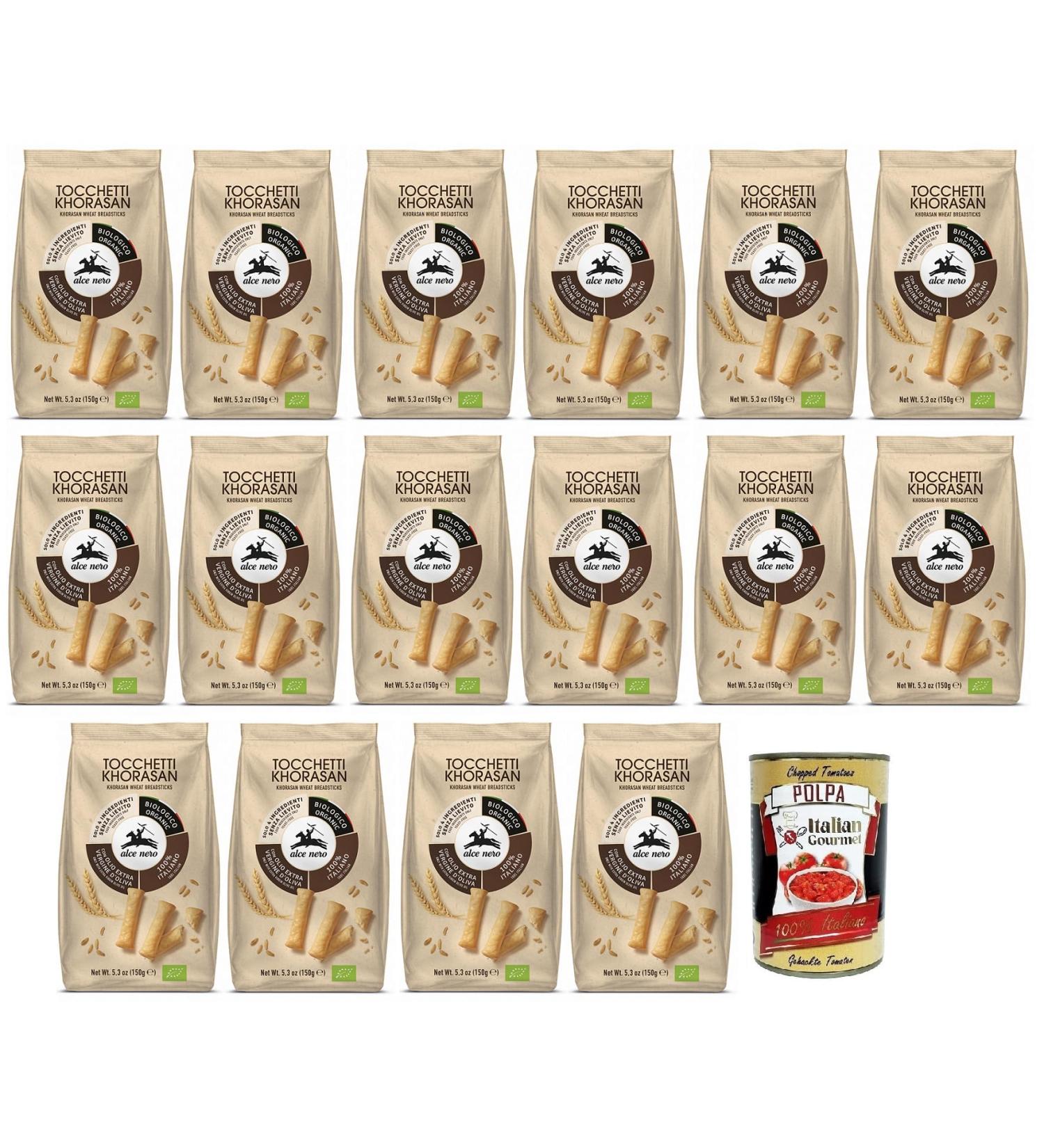  Italian Gourmet E.R. Alce Nero Tocchetti Pack of 16 organic breadsticks with organic Khorasan wheat and extra virgin olive oil 150g pack + Italian Gourmet Polpa di Pomodoro 400g box - Buy Online on GoSupps.com