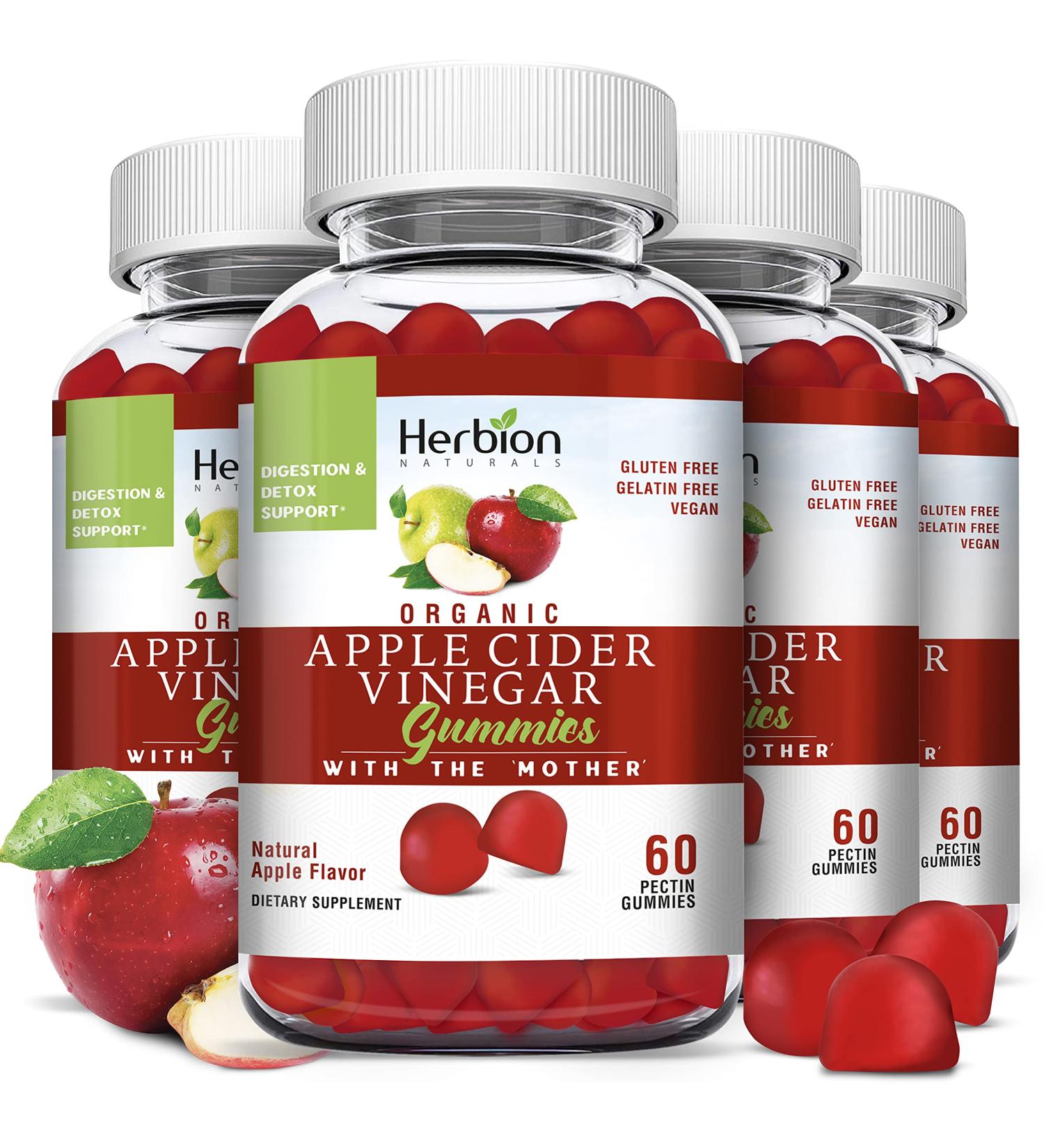 Herbion Naturals Organic Apple Cider Vinegar Gummies - Vegan Pectin-Based Digestion & Detox Support Pack of 4 (240 Gummies) - Made in the USA - Buy Online on GoSupps.com