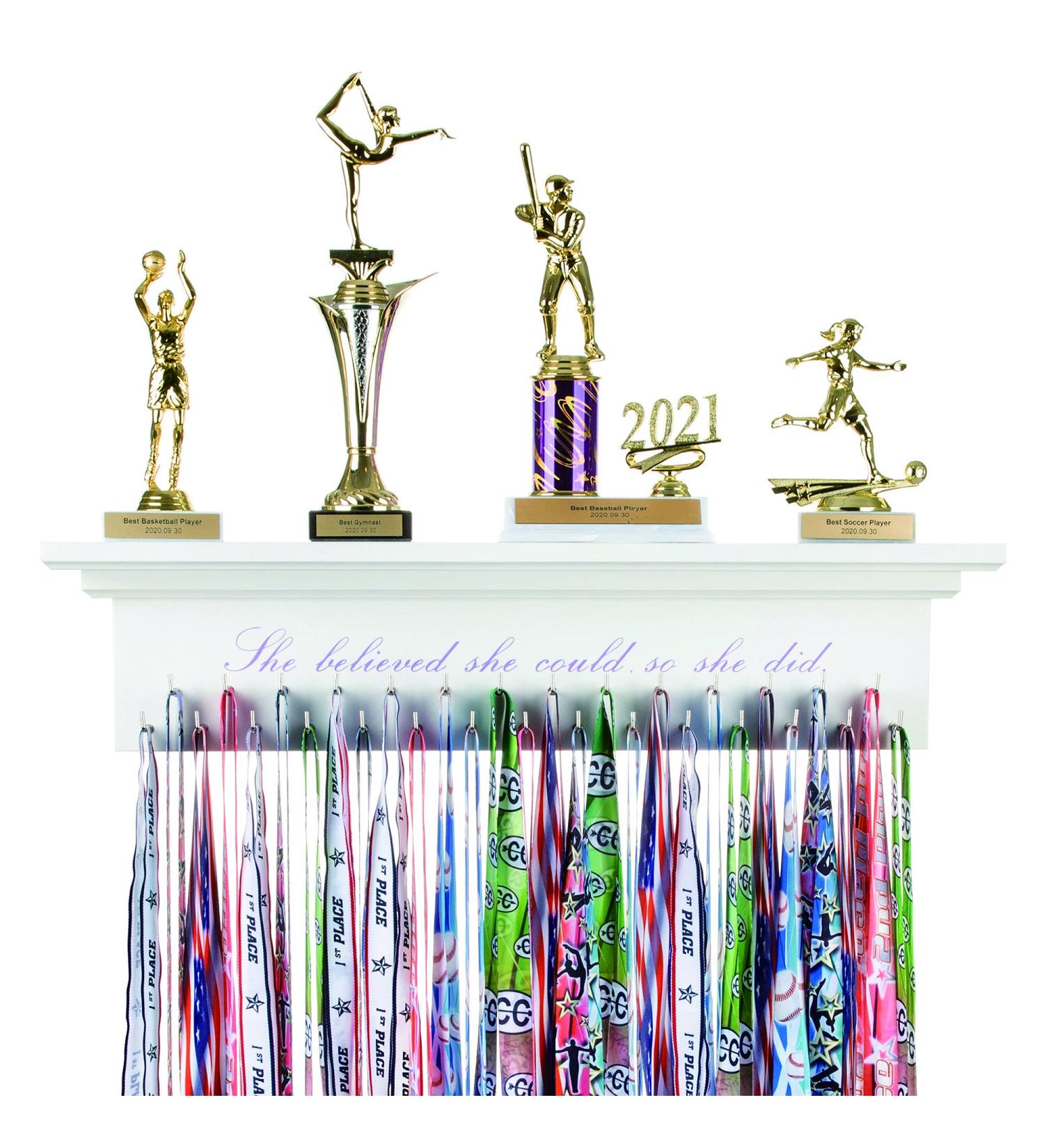 Medal Hanger & Trophy Shelf & Ribbon Holder for Girls - 2FT Simple Design Rack with Strong Hooks - Displaying Awards from Sports with Motivational Phrase - Buy Online on GoSupps.com