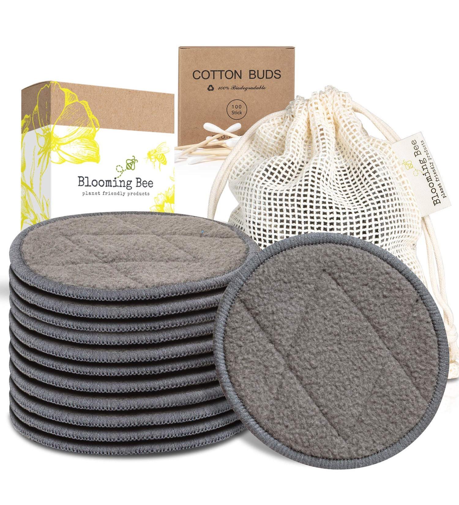 12 Charcoal Bamboo Reusable Makeup Remover Pads with Laundry Bag | Eco-Friendly Face Rounds & Biodegradable Bamboo Earbuds - Buy Online on GoSupps.com