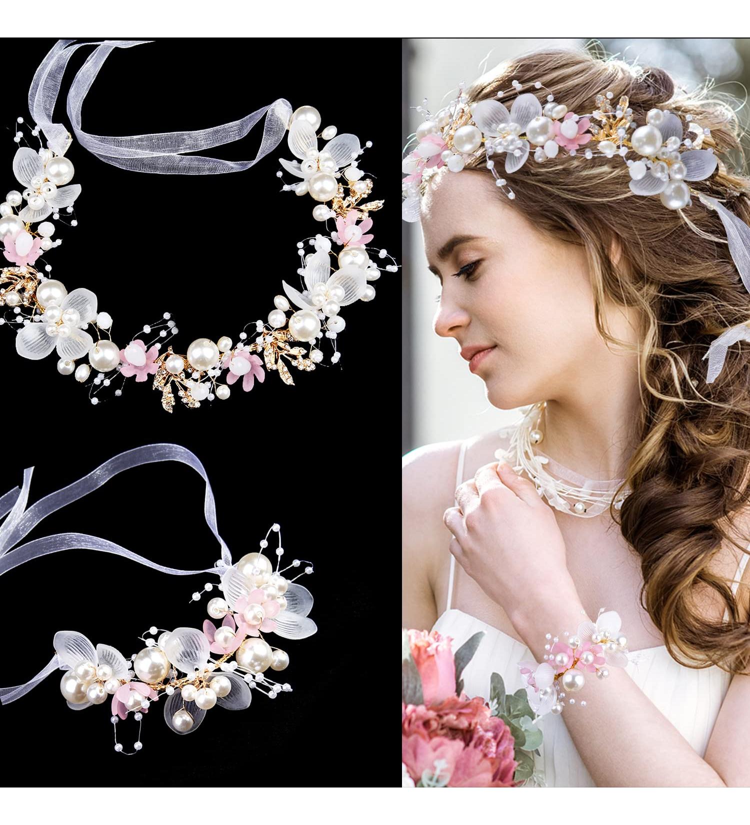 Wedding Flower Headpieces Set for Girls - Rhinestone Headband & Wrist Corsage | Pearl Flower Crown & Crystal Tiara for Flower Girls - Buy Online on GoSupps.com