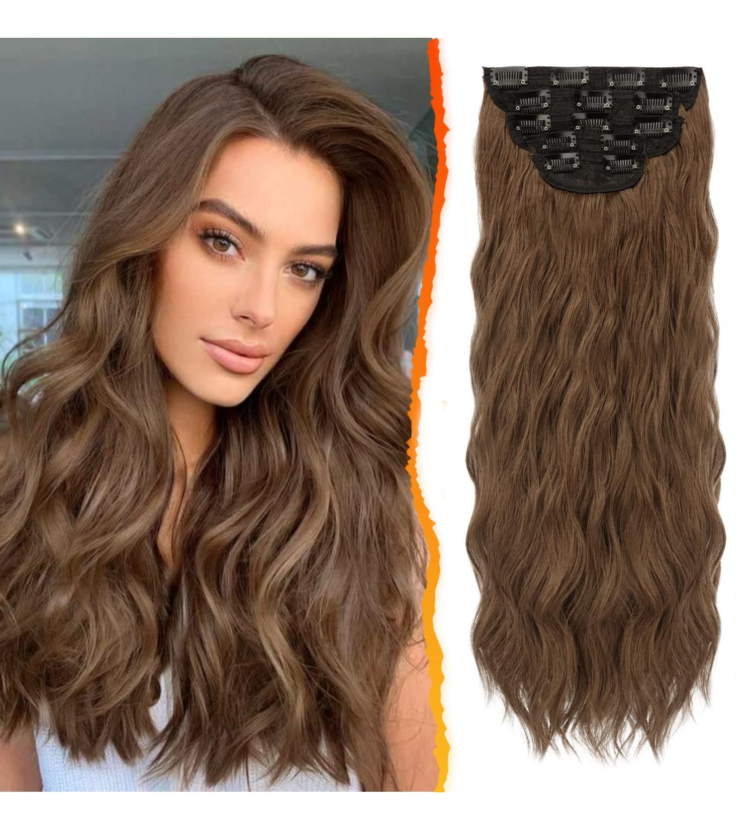 BARSDAR Clip In Extensions - 5 PCs Long Wavy Synthetic Hair Thick & Natural Dark Brown Mix Auburn 50 cm for Women & Girls - Buy Online on GoSupps.com